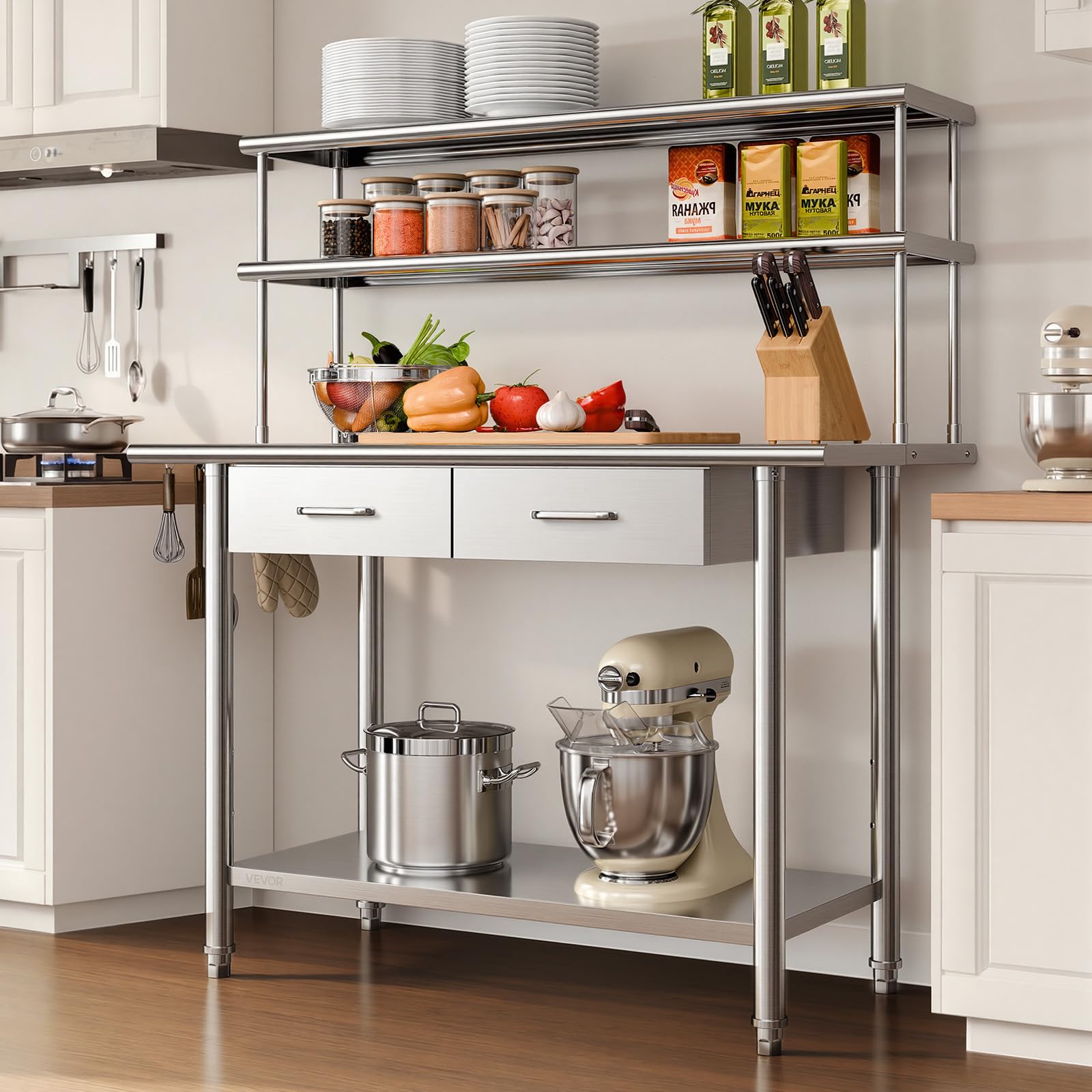 VEVOR Tavolo da Lavoro per Cucina, Tavolo per Preparazione da Cucina 1220 x 610 x 1400 mm in Acciaio Inox con Cassetti Ripiani Portaoggetti, Piano Carico max 245 kg, Ristorante, Hotel, Supermercato