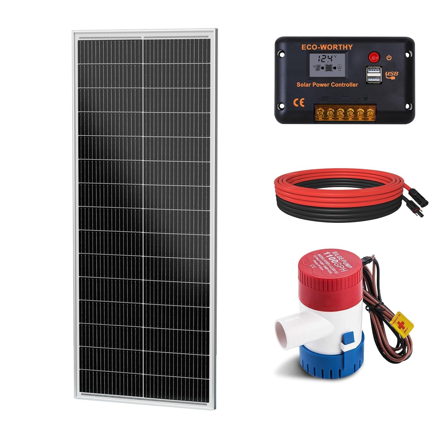 DCHOUSE Kit de Bomba de Agua Solar 100W, Bomba de Achique 1100 GPH, con Panel Solar 100W y Controlador, para Drenaje, Bombeo de Agua y Uso Independiente