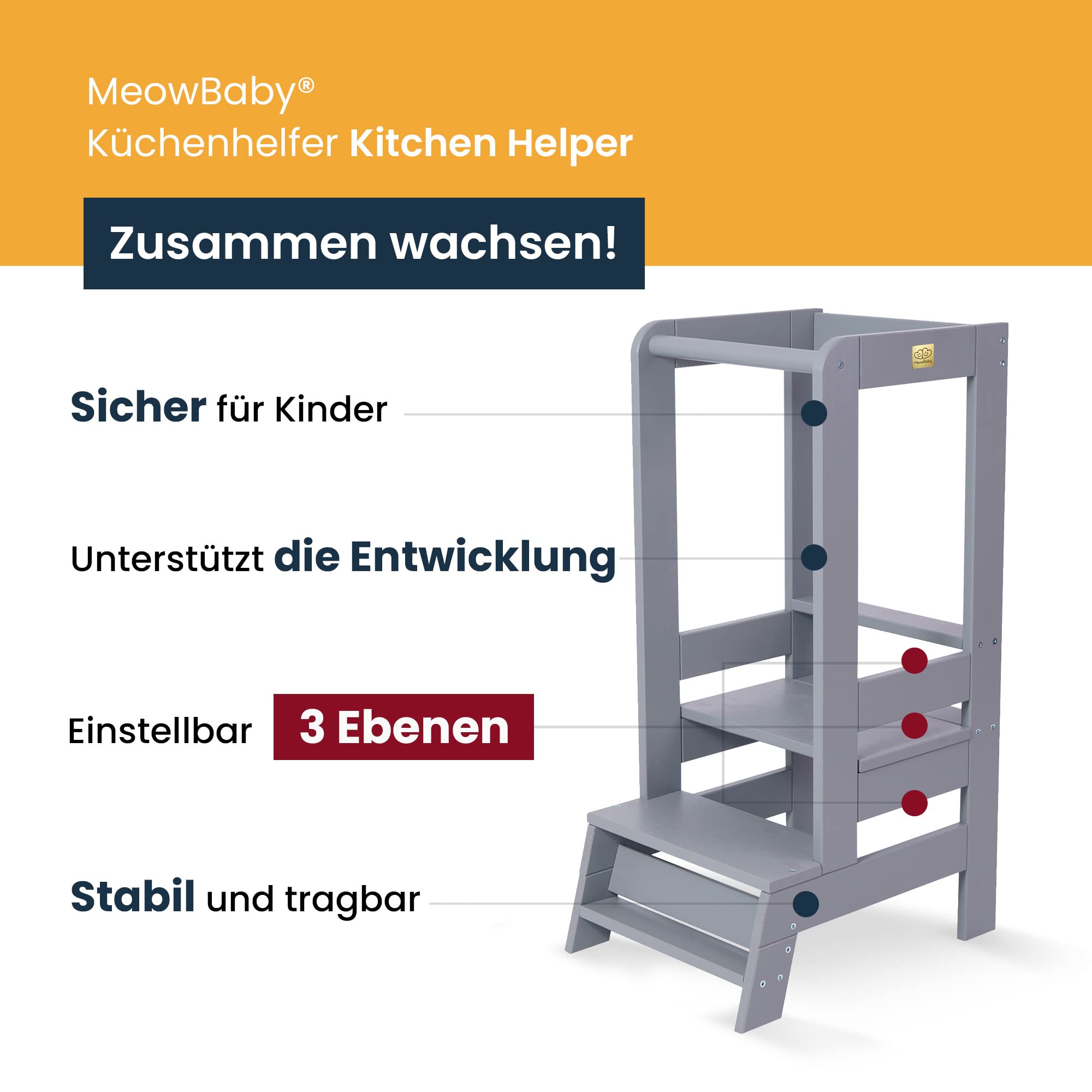MEOWBABY Lernturm – Höhenverstellbarer Montessori Learning Tower für Kinder – Lernturm ab 1 Jahr – Sicherer Kinder Tritthocker – Holz Küchenhelfer für Küche & Alltag, Schwarz