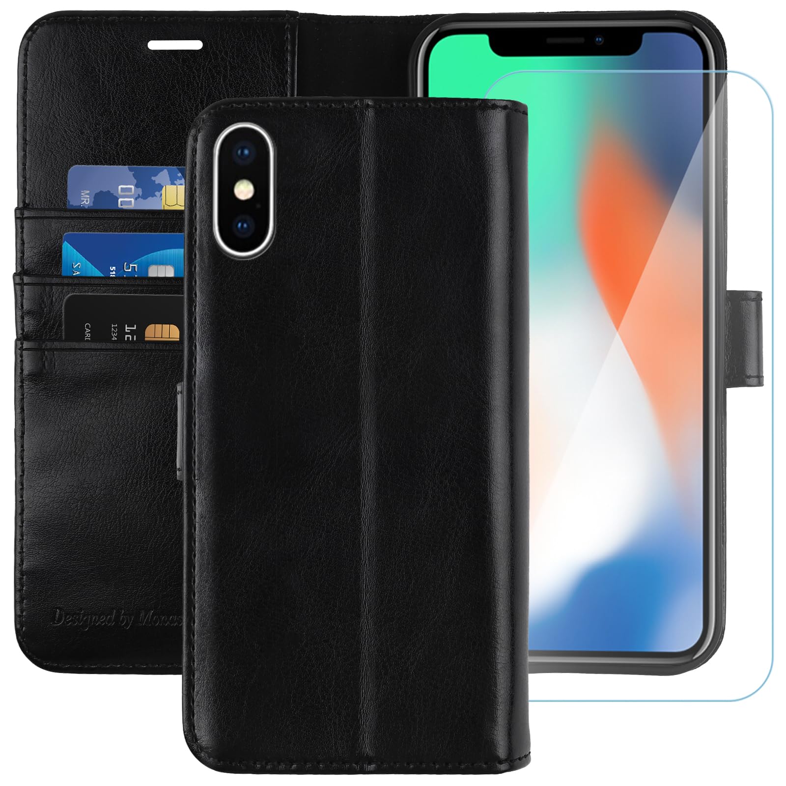 MONASAY Wallet Case Compatible for iPhone X/iPhone Xs, 5.8-inch, [Glass Screen Protector Included] [RFID Blocking] Flip Folio Leather Cell Phone Cover