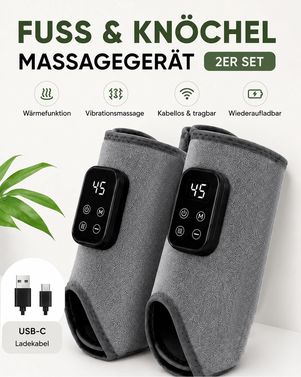 Fußmassager – 3-in-1 Therapie & 6 Wärmestufen – 2 Stück(Grau)