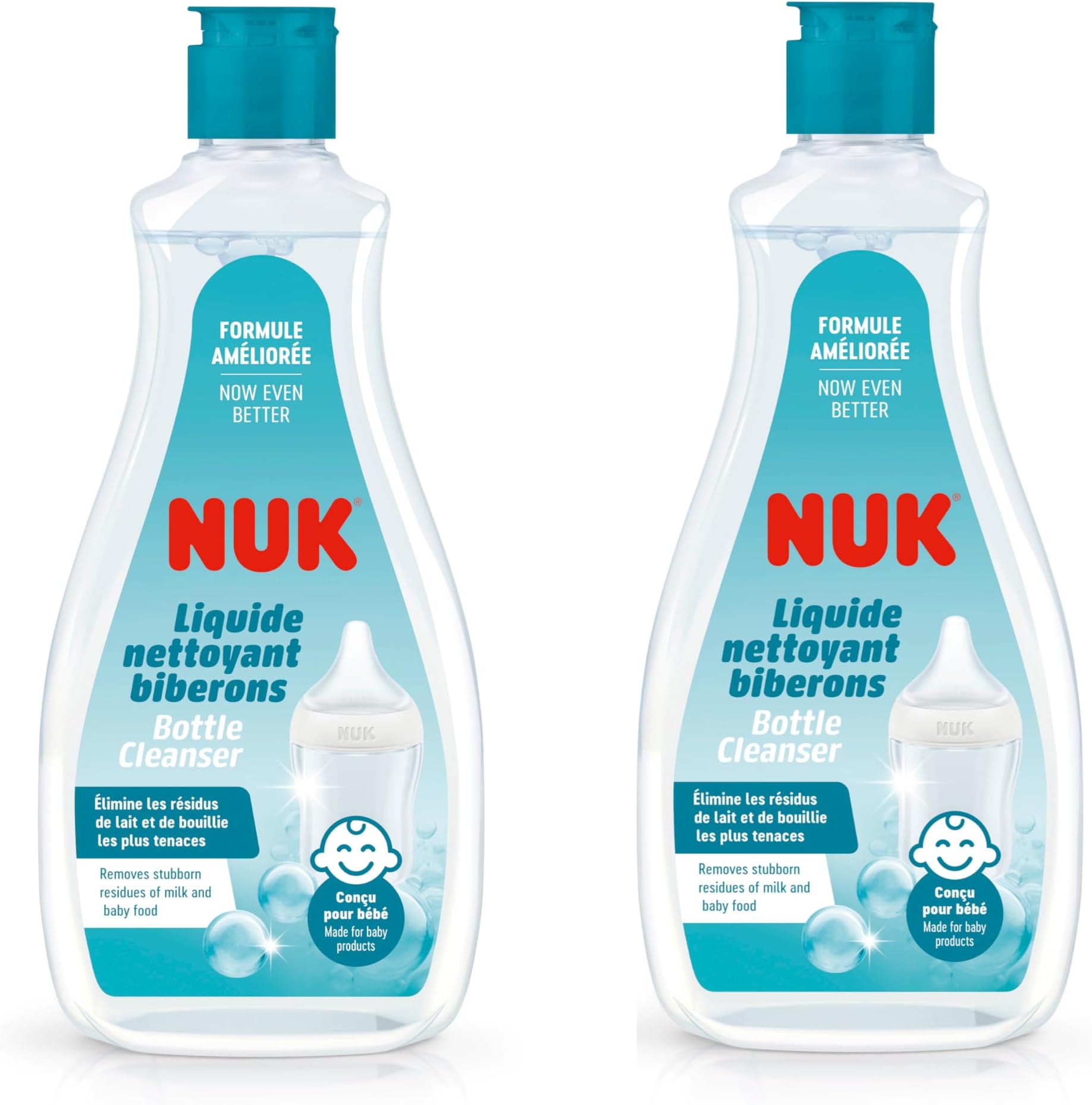 NUK Baby Bottle Cleanser | Ideal for Cleaning Baby Bottles, Teats & Accessories | Fragrance Free | pH Neutral | 100% Recycled Bottle Pack | 2 x 500 ML