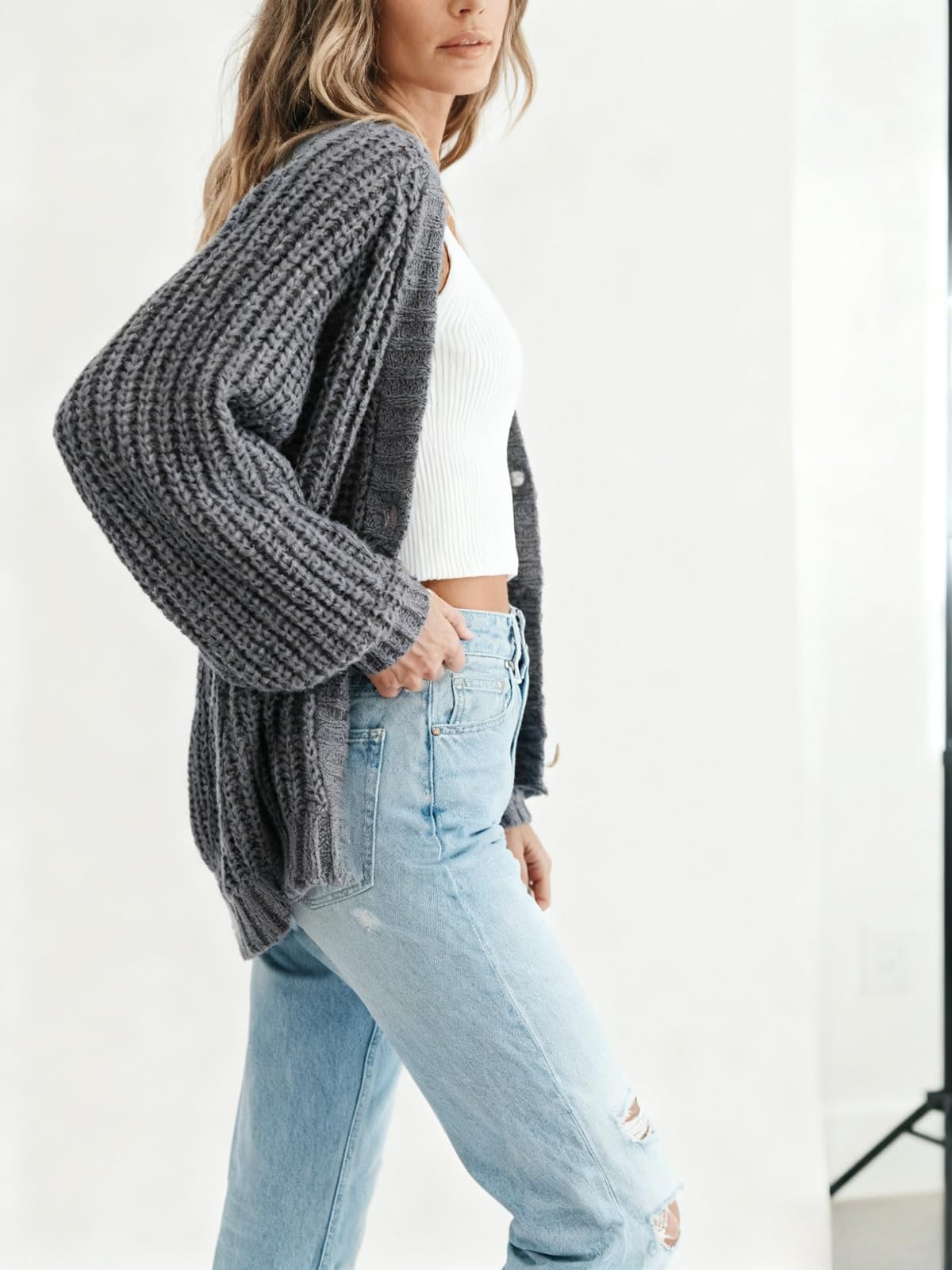 Knit Button Cardigan Womens Loose Short Length Chunky Cozy Layer for Autumn and Winter Office and Casual Looks — view 7