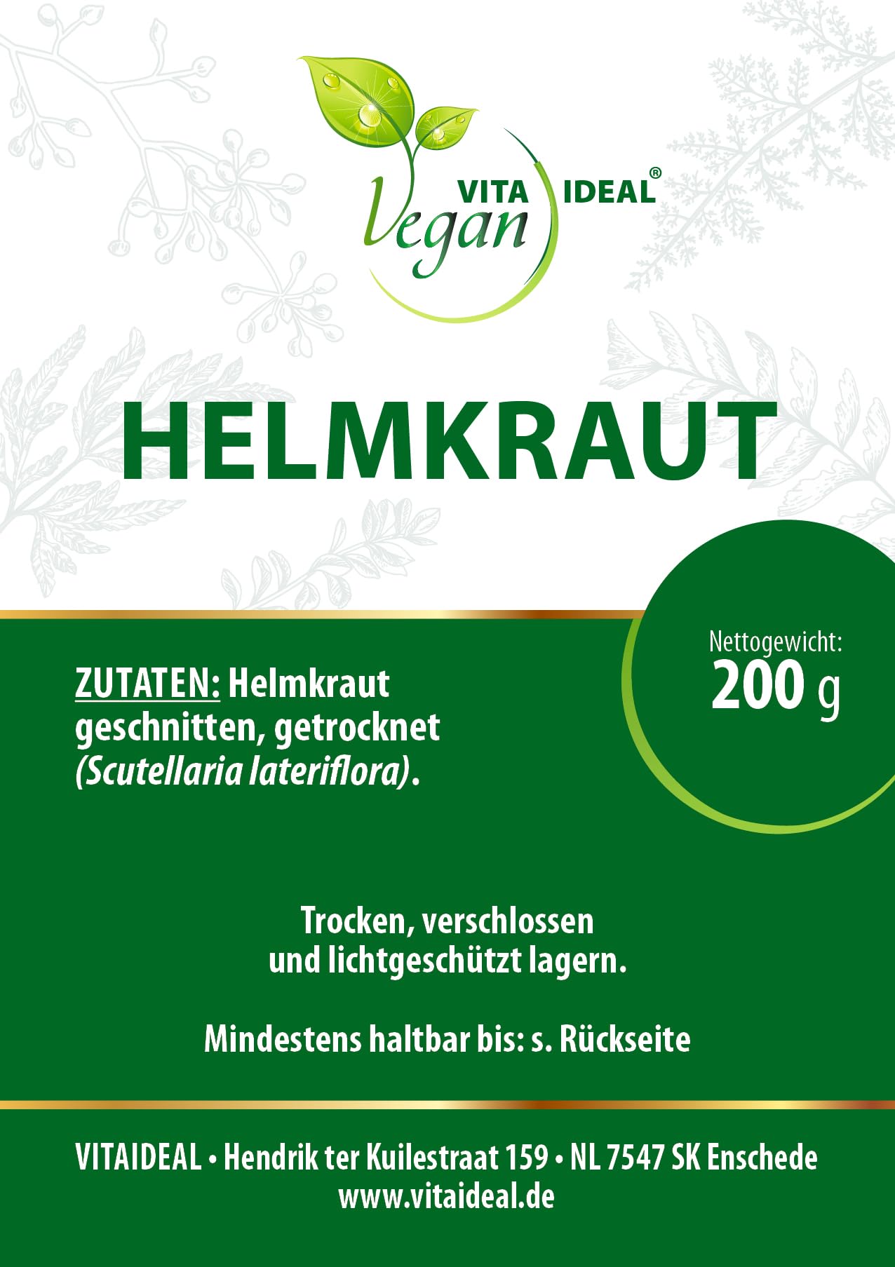 VITA IDEAL Vegan® HELMKRAUT 4x 200g geschnitten & getrocknet - Scutellariae Hb. conc.- HELM - KRAUT - Kräuter Tee & Aufguss - Natürlich, pflanzlich & ohne Zusatzstoffe.