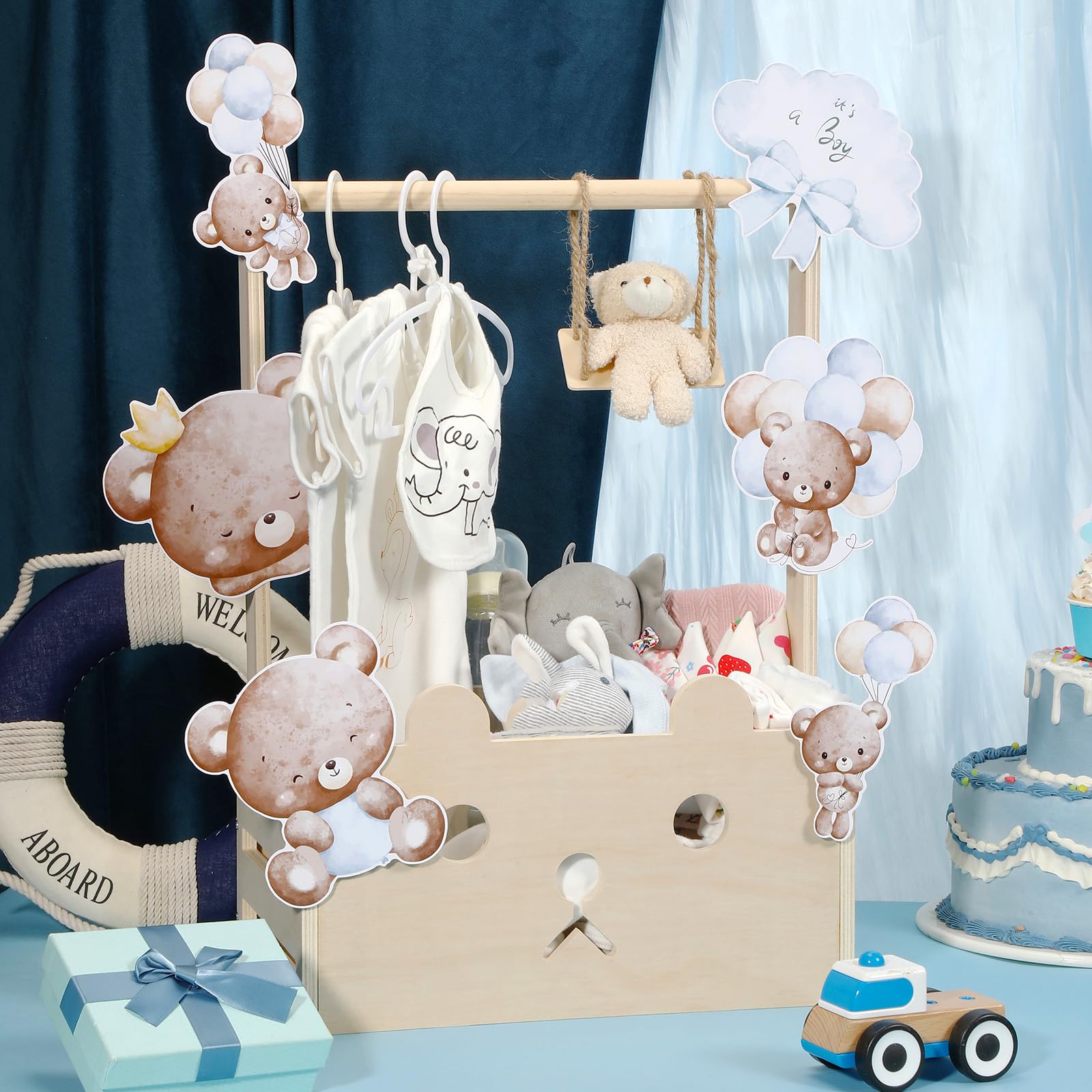 Cinnvoice Geschenkkörbe für Babypartys, mit Aufhänger, Holzkiste, Schrank, Bärenkarten, Dekoration, Kiste für Babys, Jungen, Mädchen, Schwangerschaft, neue Eltern, Geschenke (Blau, It's a Boy)