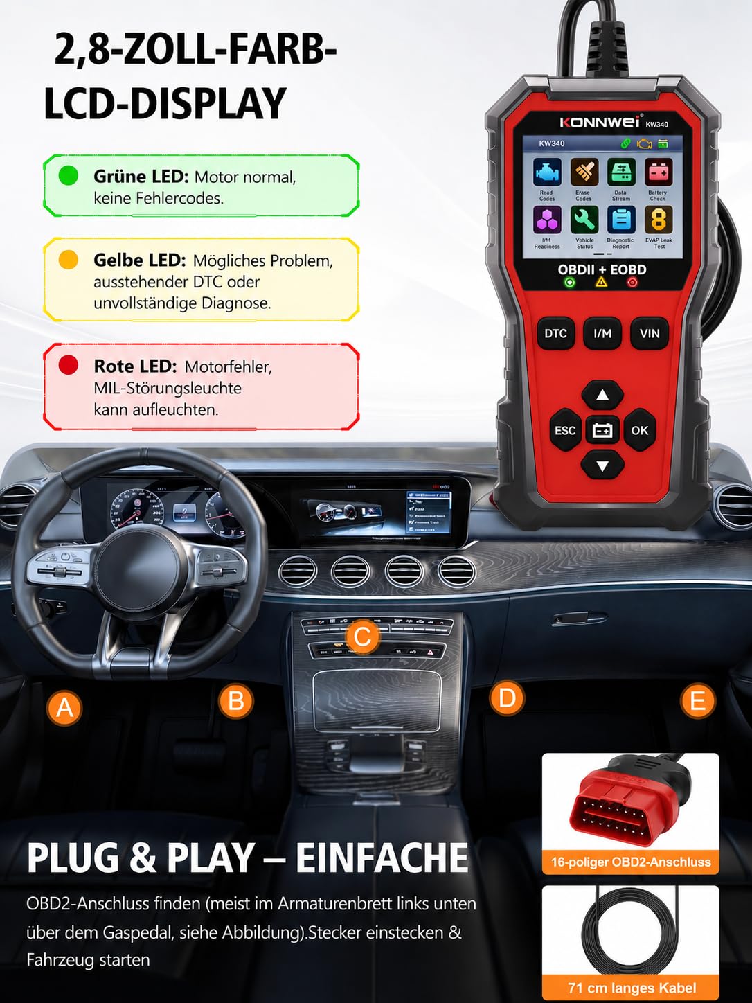 OBD2 Diagnosegerät Auto, KFZ Fehlerauslesegerät mit Batterietester Funktion
