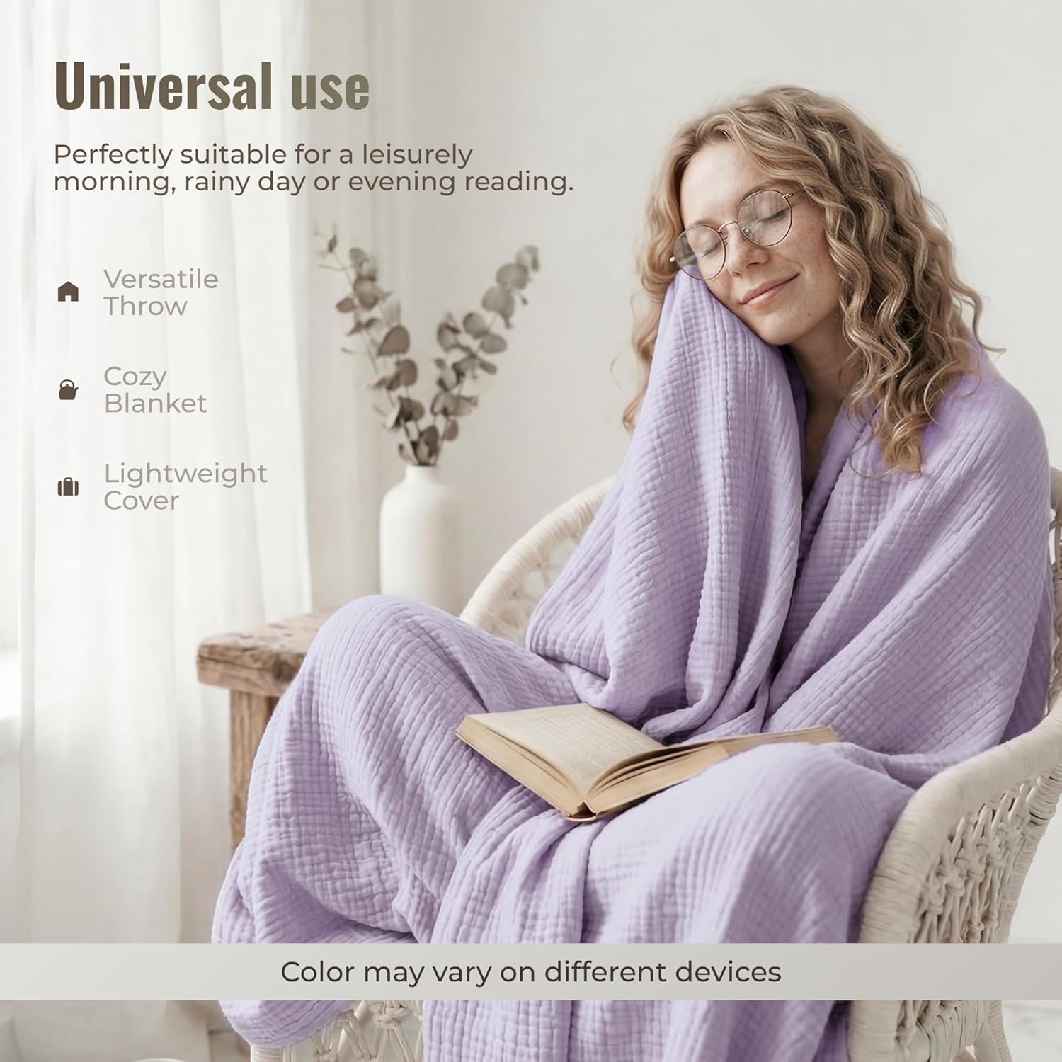 4-Layer Muslin Cotton Bed Blanket Twin Size (66 x 90 inches) – Soft, Breathable, Lightweight All-Season Gauze Blanket, Machine Washable – Lavender