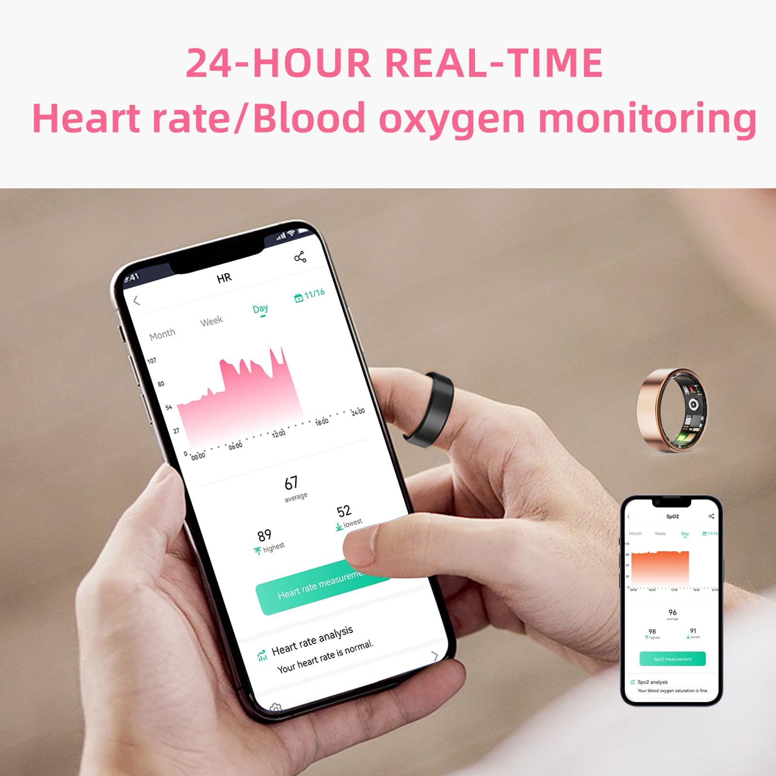 findtime Bague intelligente pour homme et femme - Avec podomètre - Tracker d'activité - Android iOS IP68 - Étanche