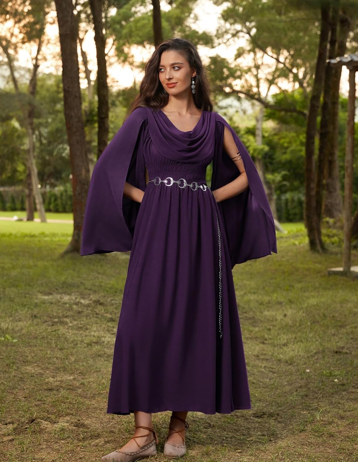 Scarlet Darkness Women Renaissance Dress Split Bell Sleeve Cowl Neck Peasant Medieval Dress - Image 3