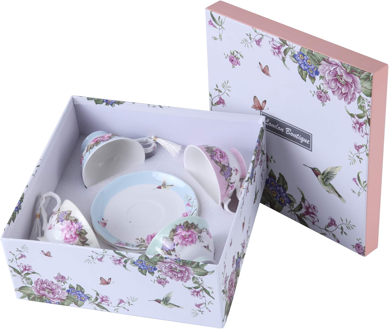 London Boutique Coffee Tea Cup and Saucer Set 4 Shabby Chic Vintage Porcelain Bird Butterfly Flora Gift Box 7.5OZ (4 Colours)