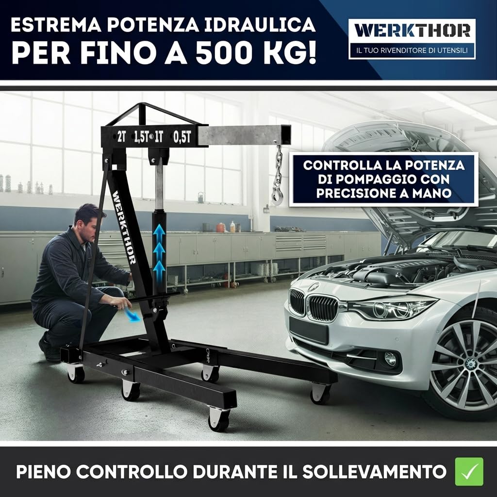 WERKTHOR Grúa de taller – 500 kg de grúa hidráulica no plegable – grúa de motor para coche negro con 4 ruedas y cadena equilibradora – elevador de motor para desmontaje de motor – taller y hobby