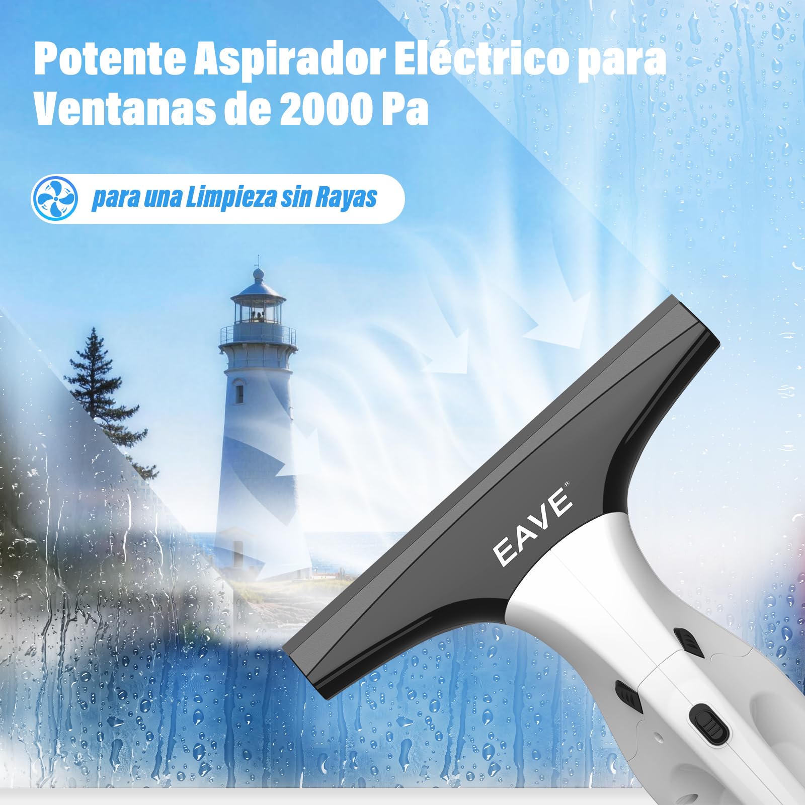 Eave Limpia Cristales, Limpiacristales Electrico con Escobillas de 17cm & 28cm, 2000 pa Limpiar Cristales con 45min de Autonomía & Tanque de Agua de 270ml, Apto para Ventanas, Baños, Mejorada (WC07)