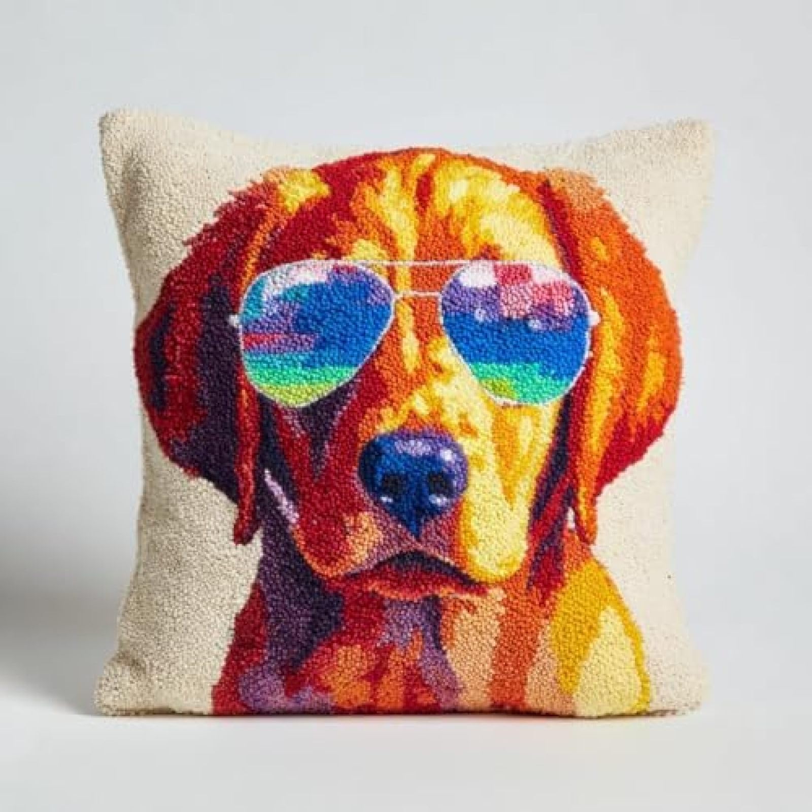 kitphoenix DIY Latch Hook Cushion Kit for Adults,Retriever Wear Sunglasses,Pre-Printed Cushion Cover Craft Set with Yarn and Hook,Beginner Crochet Embroidery Kit,43x43 cm Home Décor Gift for Women