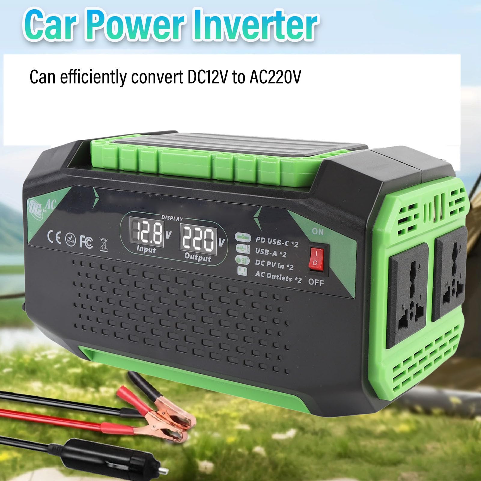 Luocute Ogranicznik Prądu Samochodowego 600 W, DC 12V do AC 20V Vehicle Vehicle ładowarka z 2 Gniazdkami, 2 USB C PD, 2 USB A, QC Szybkie ładowanie, Wyświetlacz Napięcia, Wentylator