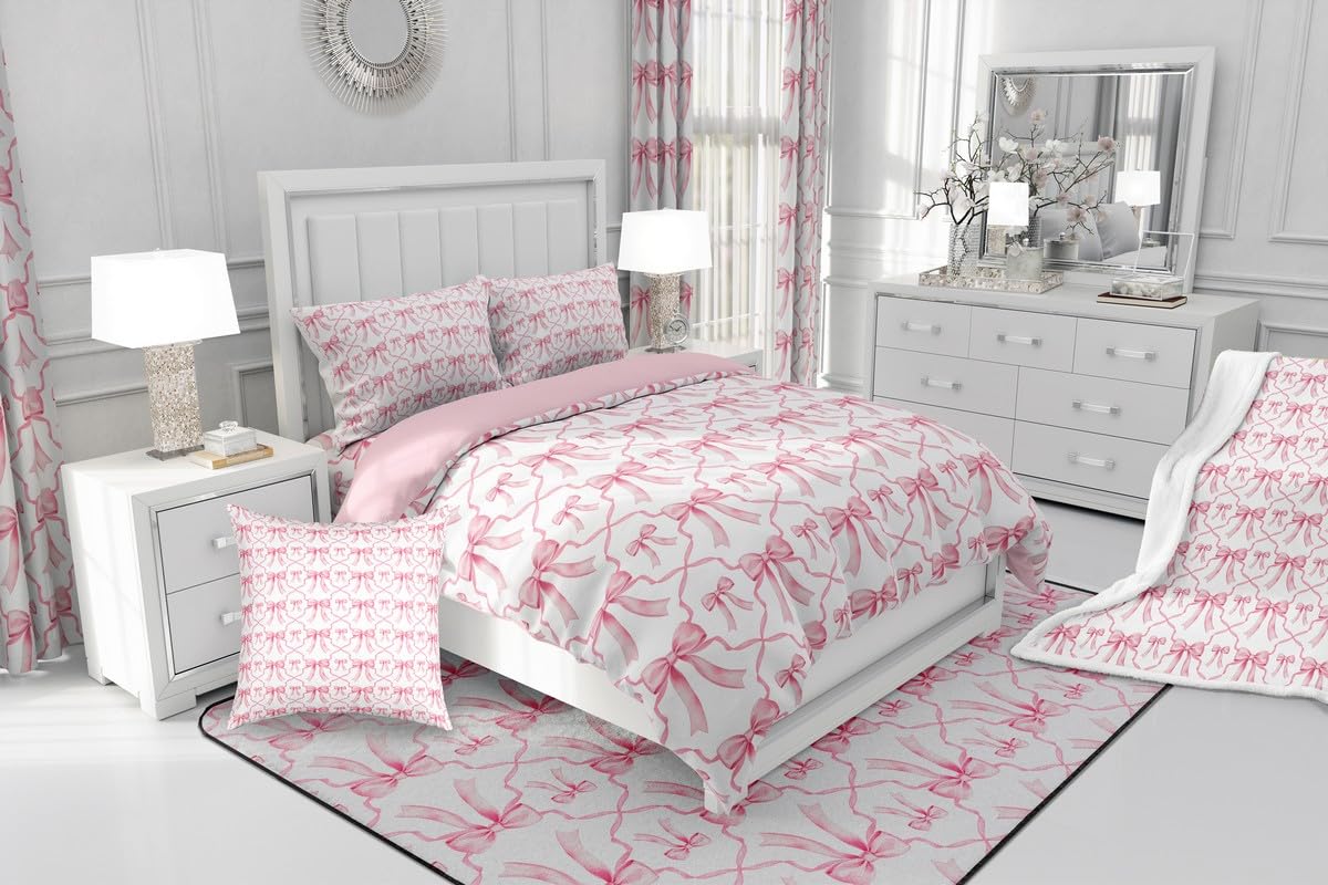 Homewish Cute Bow Bedding Set for Kids Pink Kawaii Bowknot Girls Single Duvet Cover Watercolor Bow Tie Patchwork Pink White Quilt Cover Geometric Check Bow Bed Set - Image 4