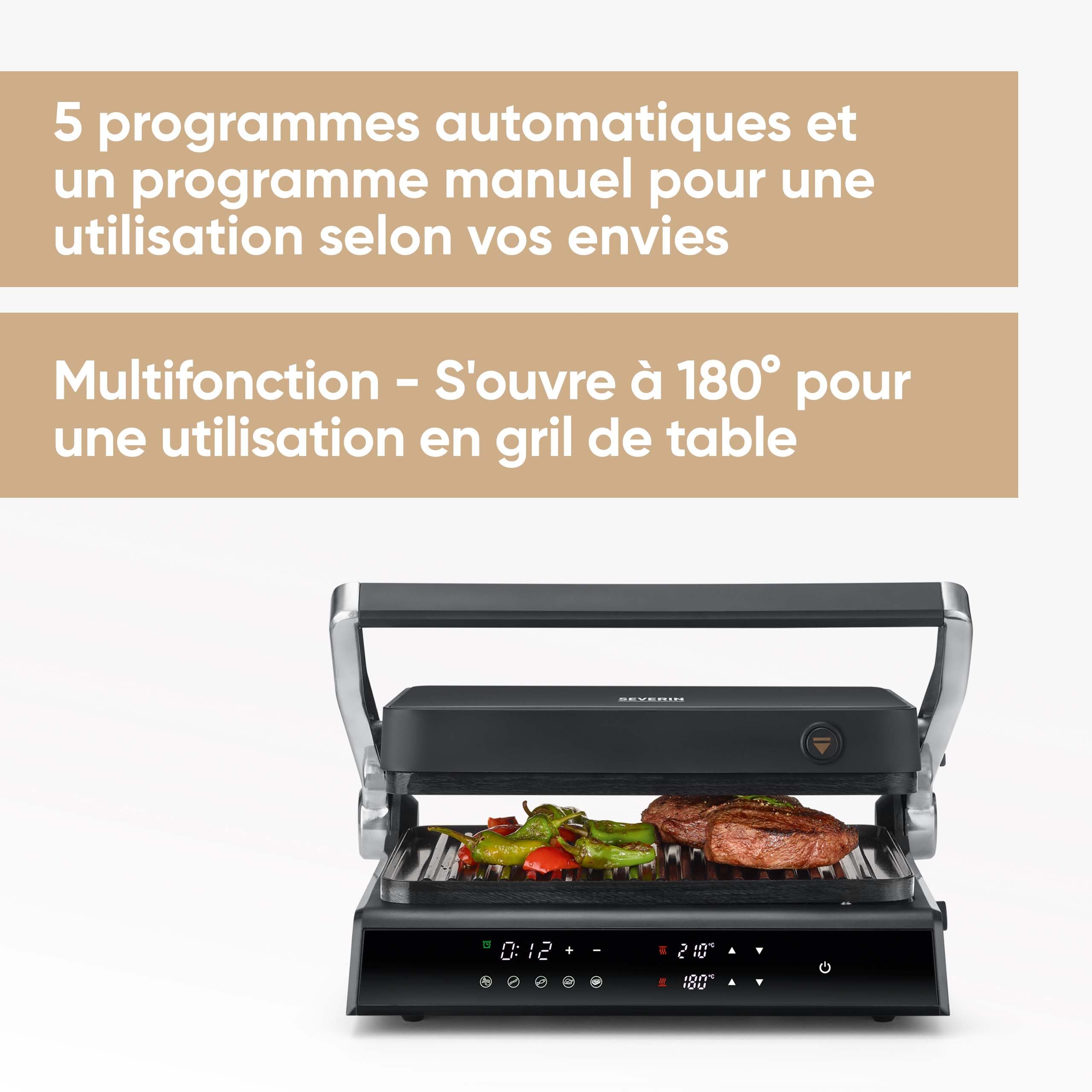 SEVERIN SEVINI COMFORT Multi-gril viande 5 programmes, Gril avec fonction plancha, Gril électrique multifonction pour légumes, steaks et paninis, Plaques avec revêtement céramique, Noir/Inox, KG 2399