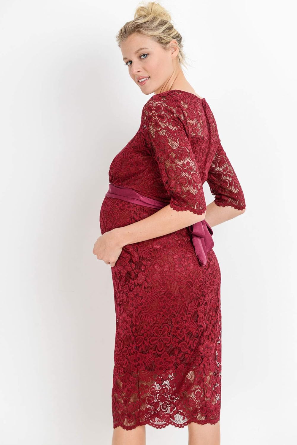 HELLO MIZ Women's Baby Shower Floral Lace Maternity Dress (Burgundy, S)