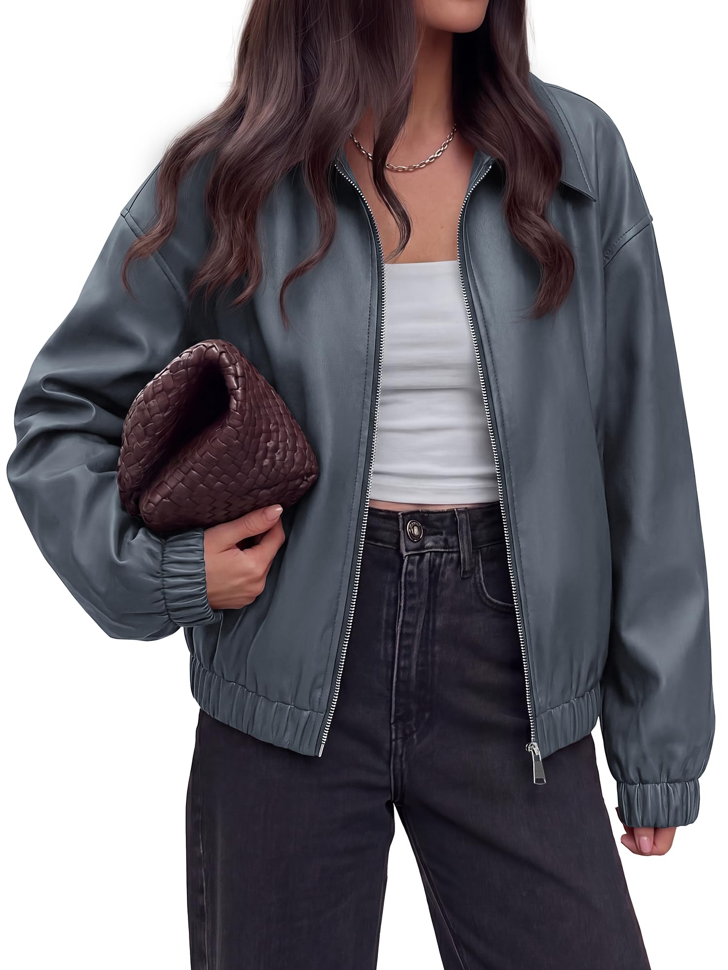 KIRUNDO Fall Faux Leather Jacket Women Oversized Zip Up Bomber Coats