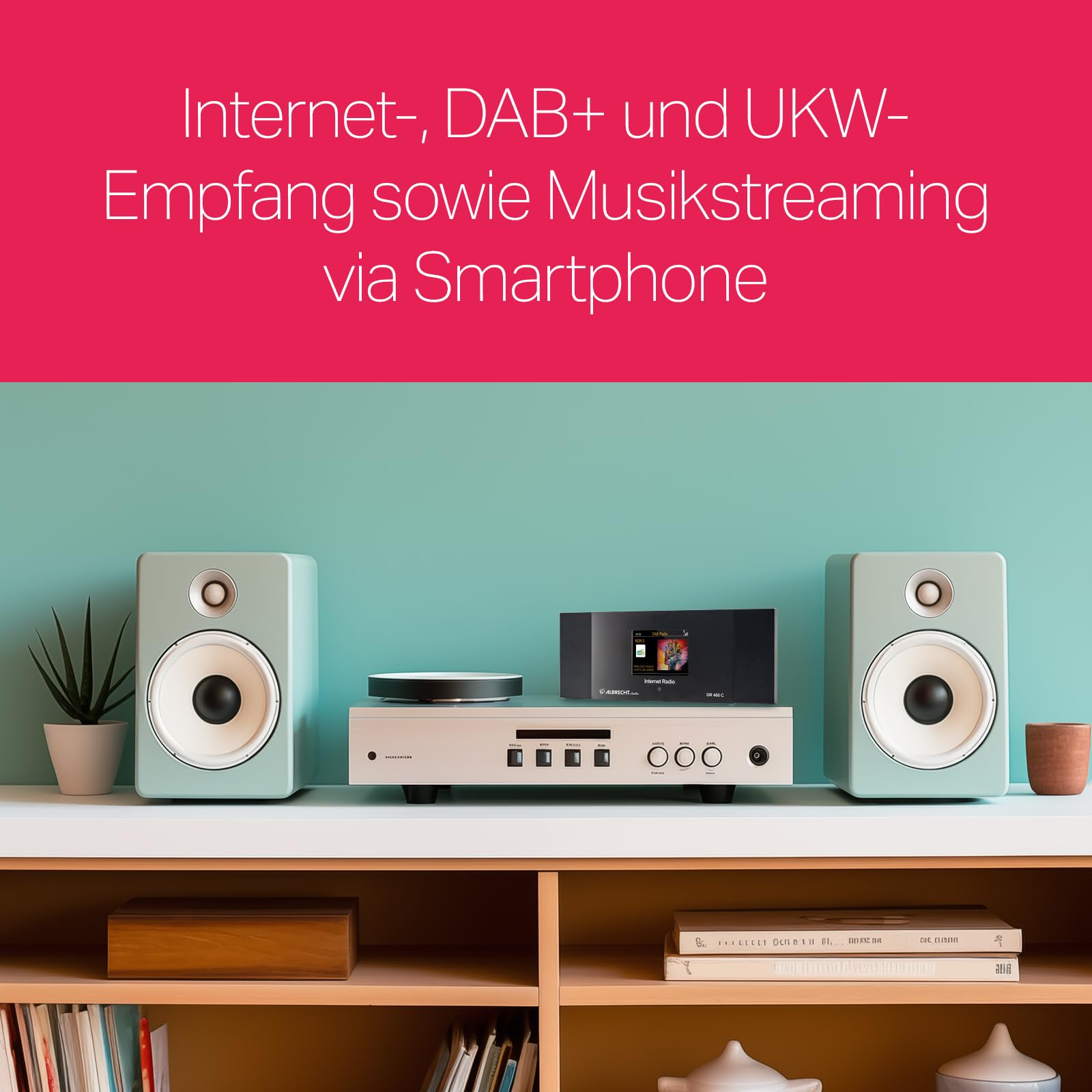 Albrecht DR 460 C 27462, Internetradio-Adapter mit Farbdisplay zum Anschluss an die Stereoanlage, Fern- oder App-Steuerung, DLAN, Alarm- und Wetterfunktionen