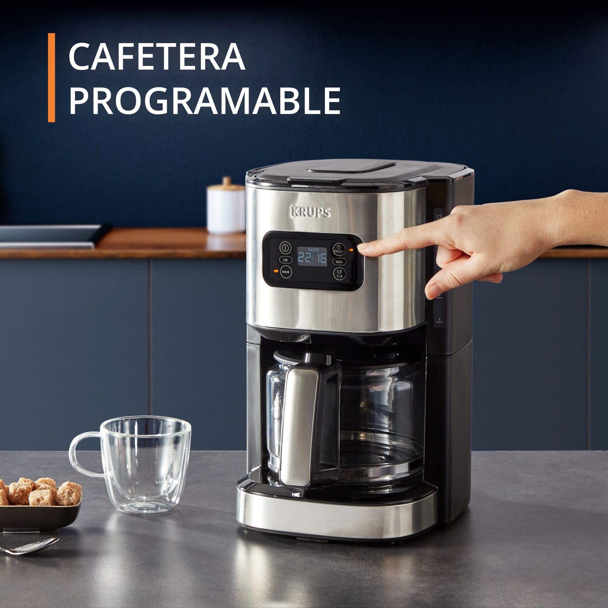 Krups First – Cafetera de filtro 1,25 L, acero inoxidable, temporizador 24 horas, selector de intensidad de la infusión, cabezal de agua, modo preinfusión, antigoteo, hasta 15 tazas, KM480D