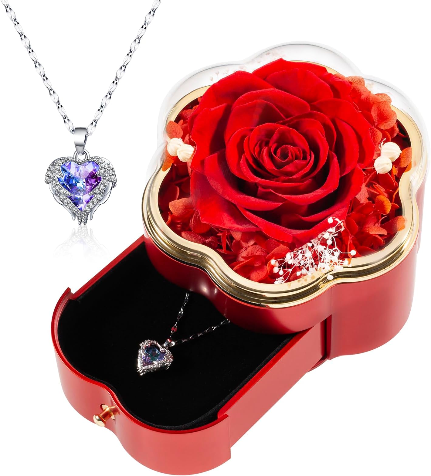 Mom Gifts for Mother's Day, Preserved Rose with Necklace for Women, Forever roses in a Box, Rose Gifts for Women Mom Wife Love Girlfriend and Grandma, Birthday Anniversary Valentines Gift. (Crimson)