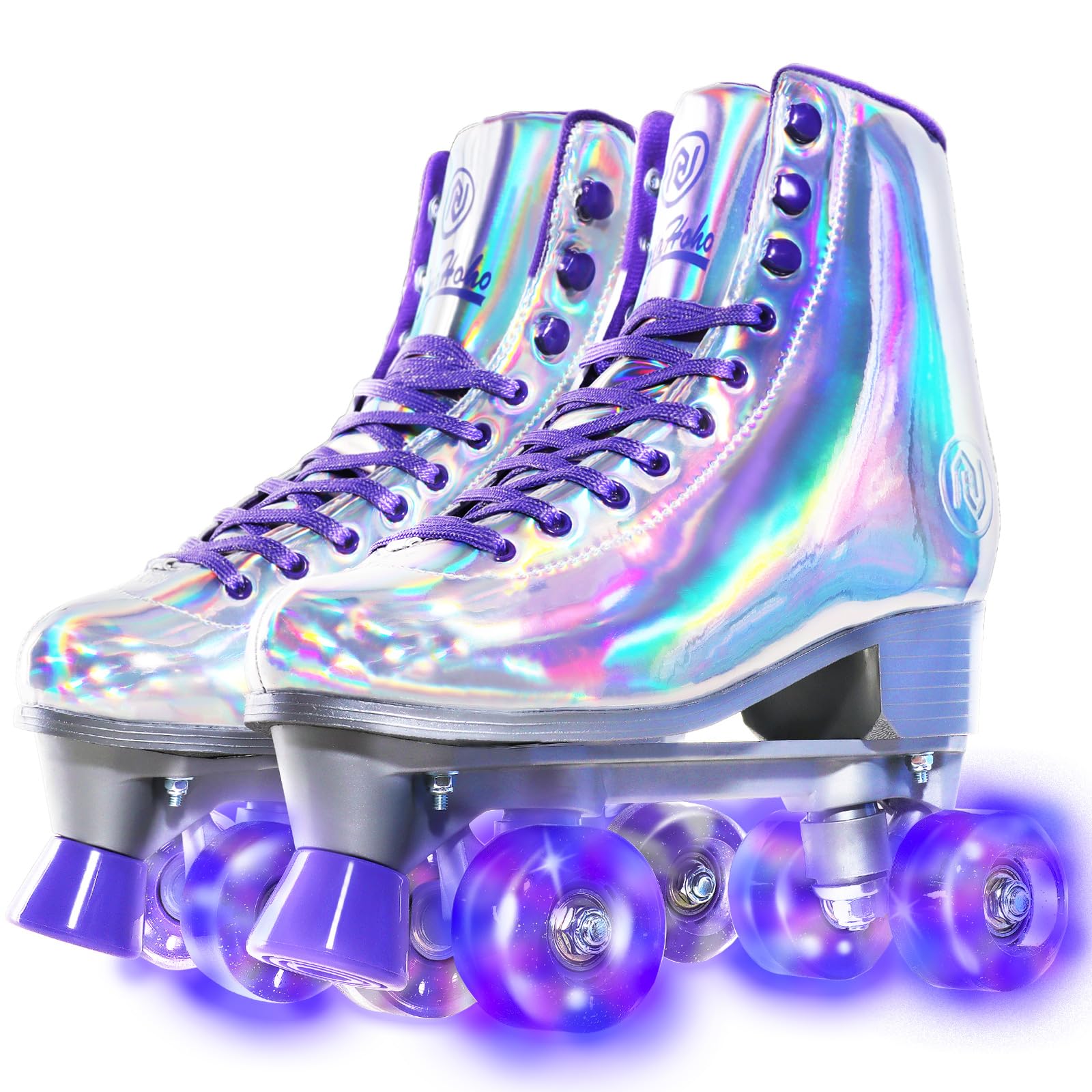 JajaHoho Roller Skates for Women, Holographic High Top PU Leather Rollerskates, Shiny Double-Row Four Wheels Quad Skates for Girls and Age 8-50 Indoor Outdoor (Silver Purple)