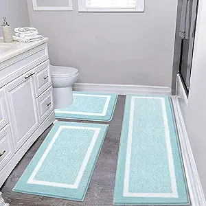 Pauwer 3-Piece Bathroom Shower Rug Set with U-Shaped Contour Toilet Mat, Absorbent Microfiber Plush Bath Mats, Non-Slip, Machine Washable Shaggy Bathroom Floor Mats, Light Blue