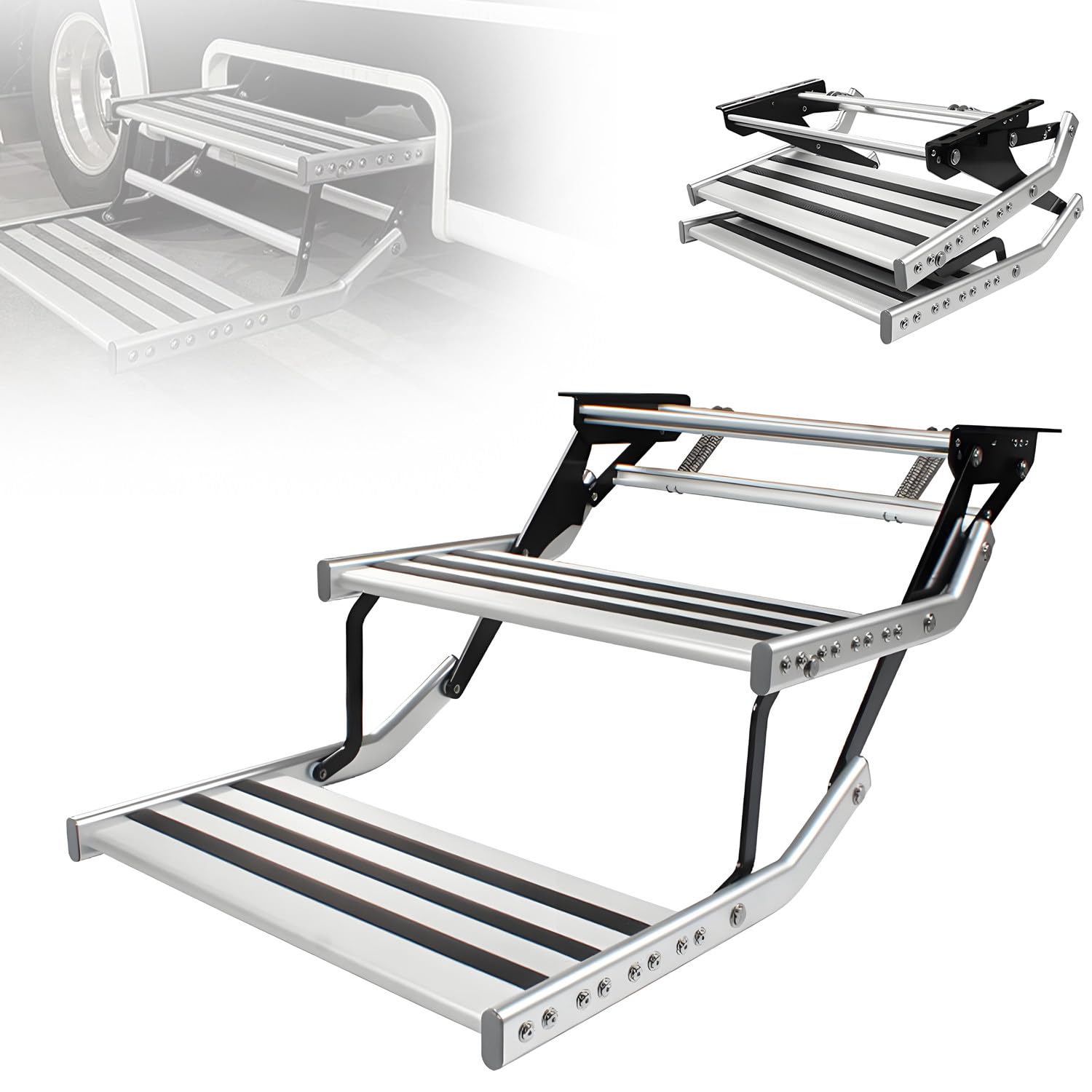 Wysuwane kroki RV ze światłem LED, 200kg Load Aluminium Folding Entry dla samochodów kempingowych, Odporna na korozję ręczna obsługa elektryczna Bezpieczna konstrukcja antypoślizgowa Kompaktowa pamięć