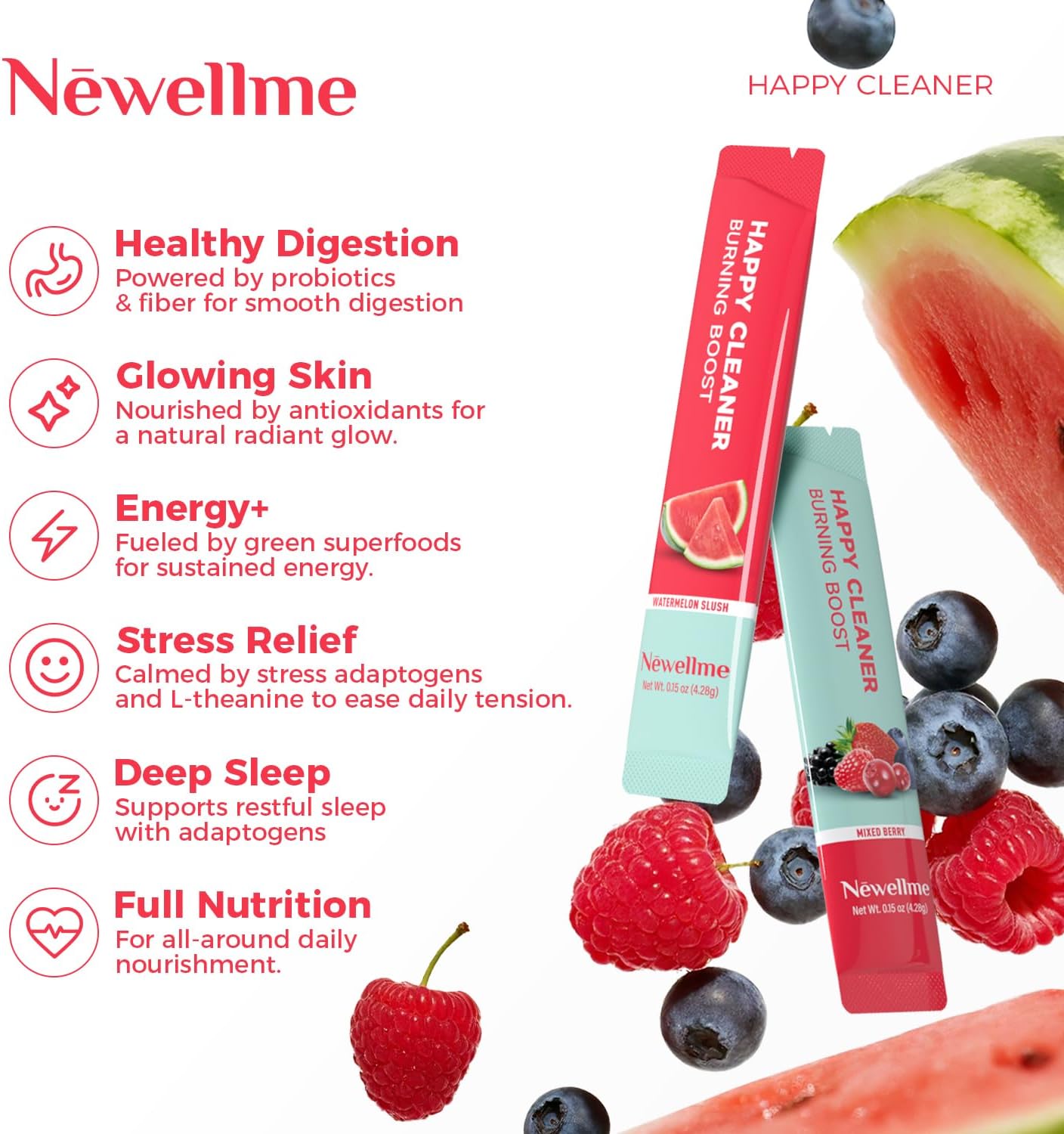 NEWELLME Happy Cleaner Superfood Powder | Digestive & Gut Health, Prebiotics & Probiotics for Women & Men, Support for Bloating & Regularity, Vegan Sugar-Free, Watermelon & Berry Flavors, 28 Sachets - Image 5
