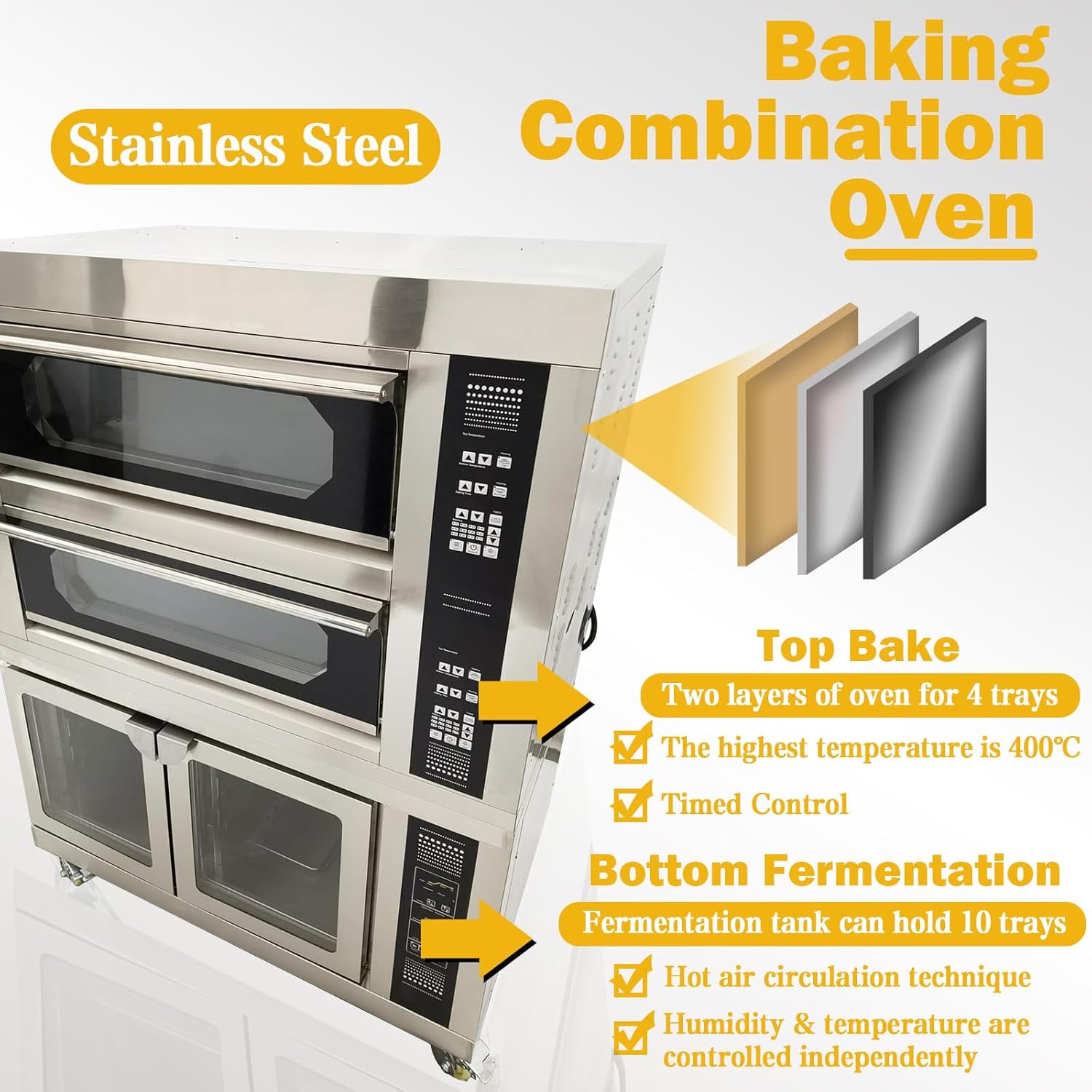 TECHTONGDA Commercial Triple Electric Pizza Oven Baking and Fermentation Combination Oven Can Fit 4 Baking Trays and 8 Trays of Fermentation Tank Three Phase 220V