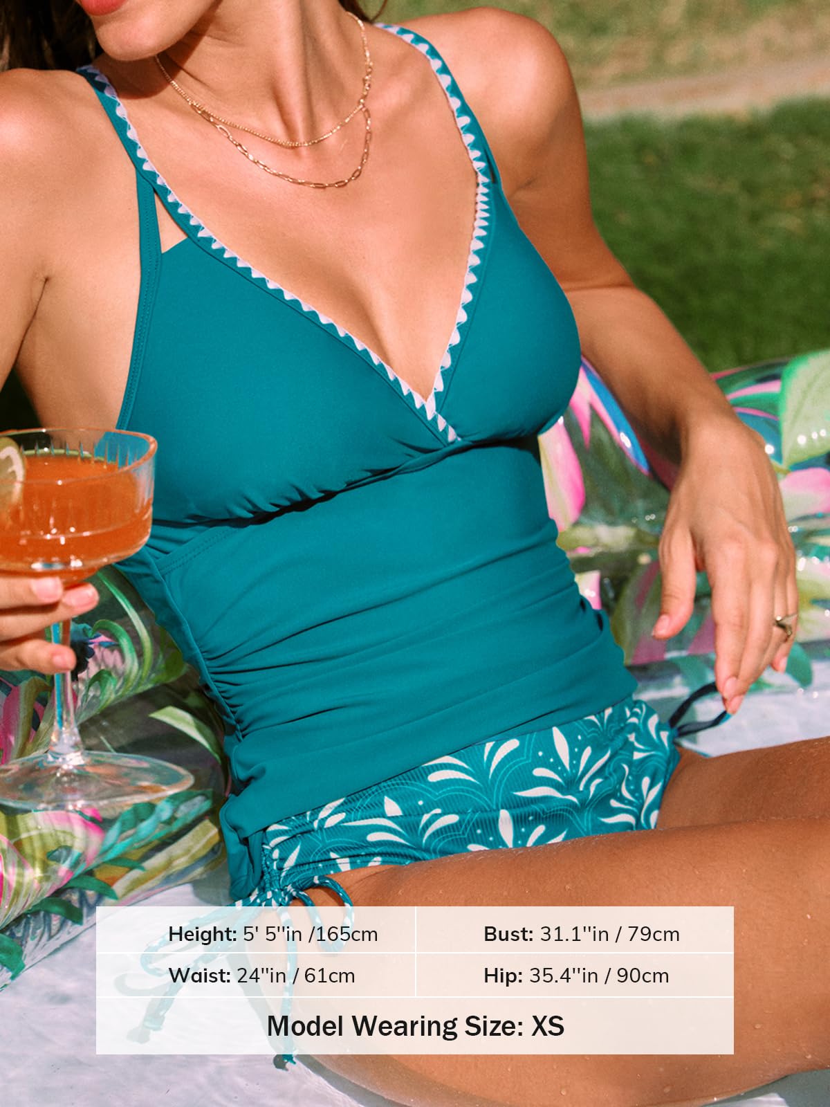 CUPSHE Ensemble tankini deux pièces pour femme - Col en V - Taille mi-haute - Cordon de serrage - Coutures gainantes