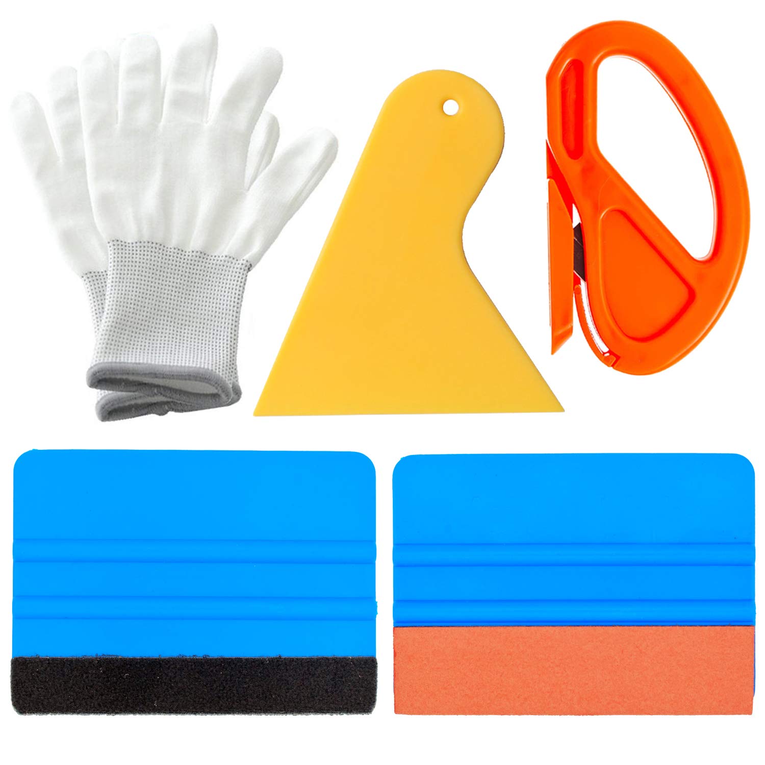 5Piece Vinyl Wrap Tool Kit Wallpaper Tools Set Window Tint Film Kit Decal Applicator with Safety Cutter, Scraper, Felt Squeegee, Work Gloves