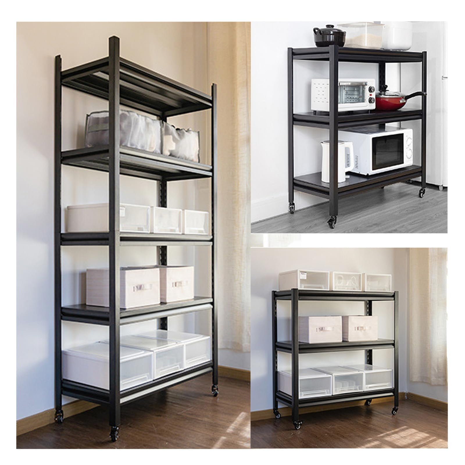 Estantes de Almacenamiento Resistentes, Estantería Ajustable sin Tornillos de 3/5 Niveles para Garaje, Cocina, Oficina, Estante de Metal Industrial con Fácil Montaje, Negro(Size:80x40x80cm)
