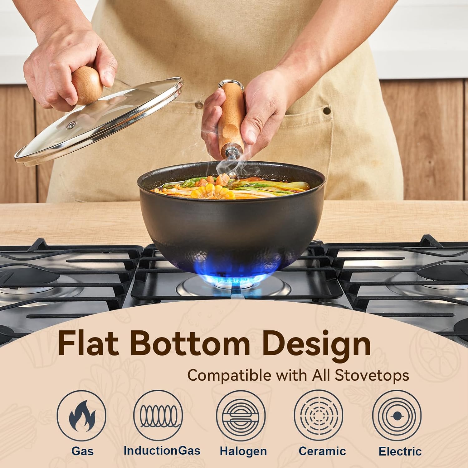 WANGYUANJI 1.5QT Iron Saucepan with Lid, Hammered Milk Pot for Boiling Ramen, Removable Wood Handle for Camping & Storage, Non-Coated Small Cookware for Single Serving, Induction Compatible