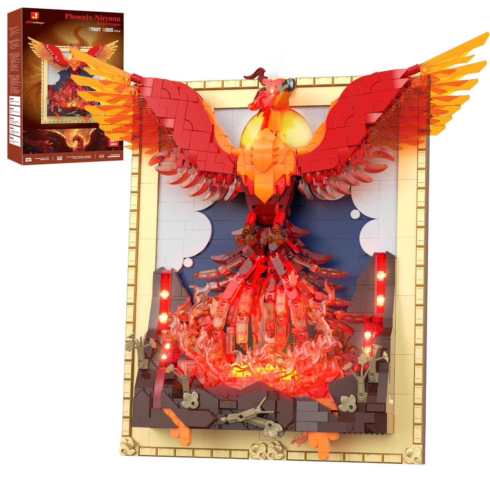 JMBricklayer Phoenix Art Klemmbausteine Erwachsene mit Licht, 3D Nirvana Wanddeko Tisch Display Modell mit Ständer, 70017 Bilderrahmen Wandkunst Zuhause Büro, Bauset Geschenk für Jugendliche 14+