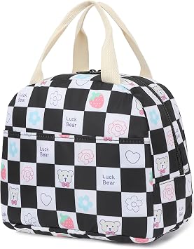Checkered Bear Insulated Lunch Bag for Women Girls, Reusable Lunch Box Picnic Tote Bags for Adults Kids School Work Travel Black, Large