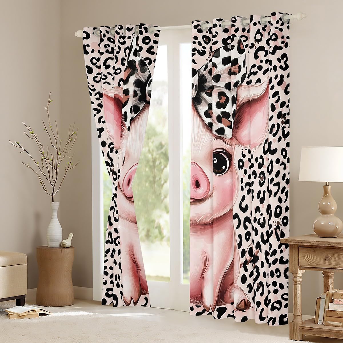 Feelyou Cartoon Pig Curtains (2 Panels, 38 x 45 Inch) Kids Leopard Bow Darkening Drapes Boys Girls Teens Lovely Animal Cheetah Blackout Curtain Cute Pet Window Treatments Farm Animal image 3