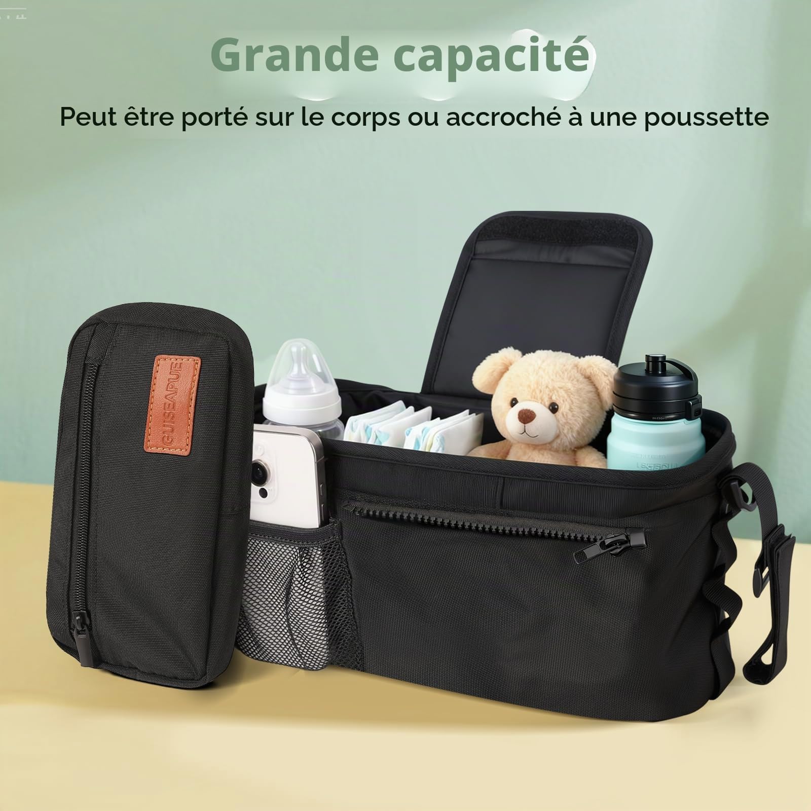 Guiseapue Organiseur universel pour poussette avec porte-gobelet : accessoires pour poussette avec sac amovible pour téléphone Uppababy, sangles antidérapantes, accessoires de déambulateur, cadeaux de