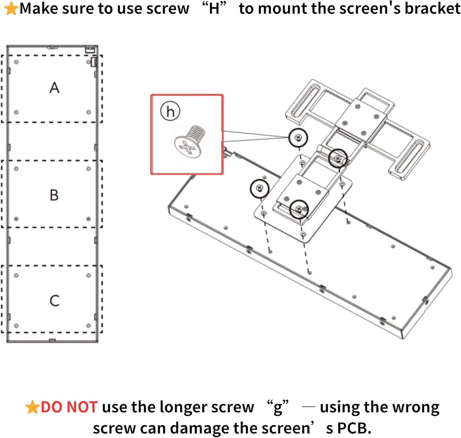 Diagram illustrating the correct screw (H) for mounting the screen bracket and warning against using longer screw (g)