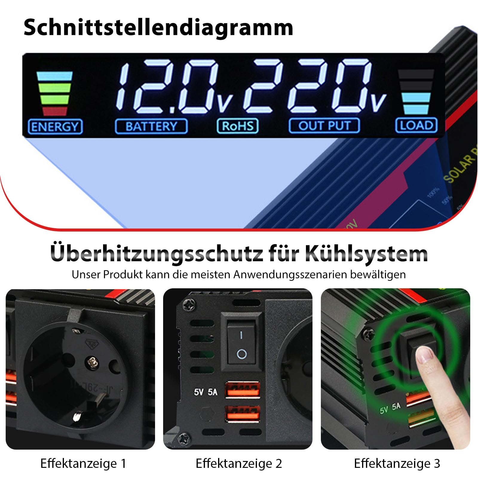 Wechselrichter Spannungswandler DC 12V / 24V auf AC 230V Modifizierte Sinuswelle Inverter 2000W mit EU Steckdosen, 2 USB und LCD-Anzeige Stromumwandler Adapter für Auto Kfz LKW Wohnwagen Camping