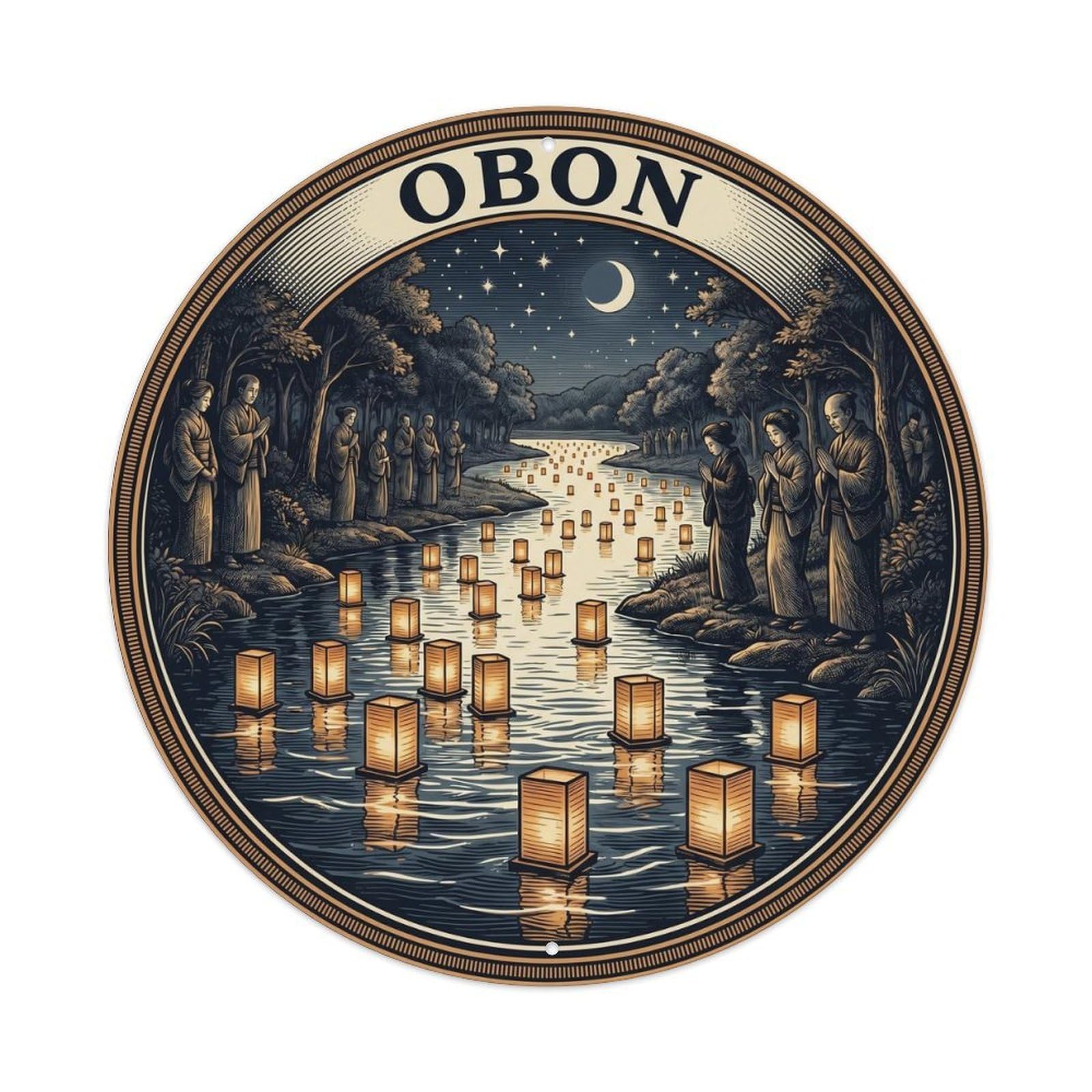 Olyhtr 8X8inch Classic Style Obon Lantern Floating Meiji Engraving Amber Navy Metal Tin Sign