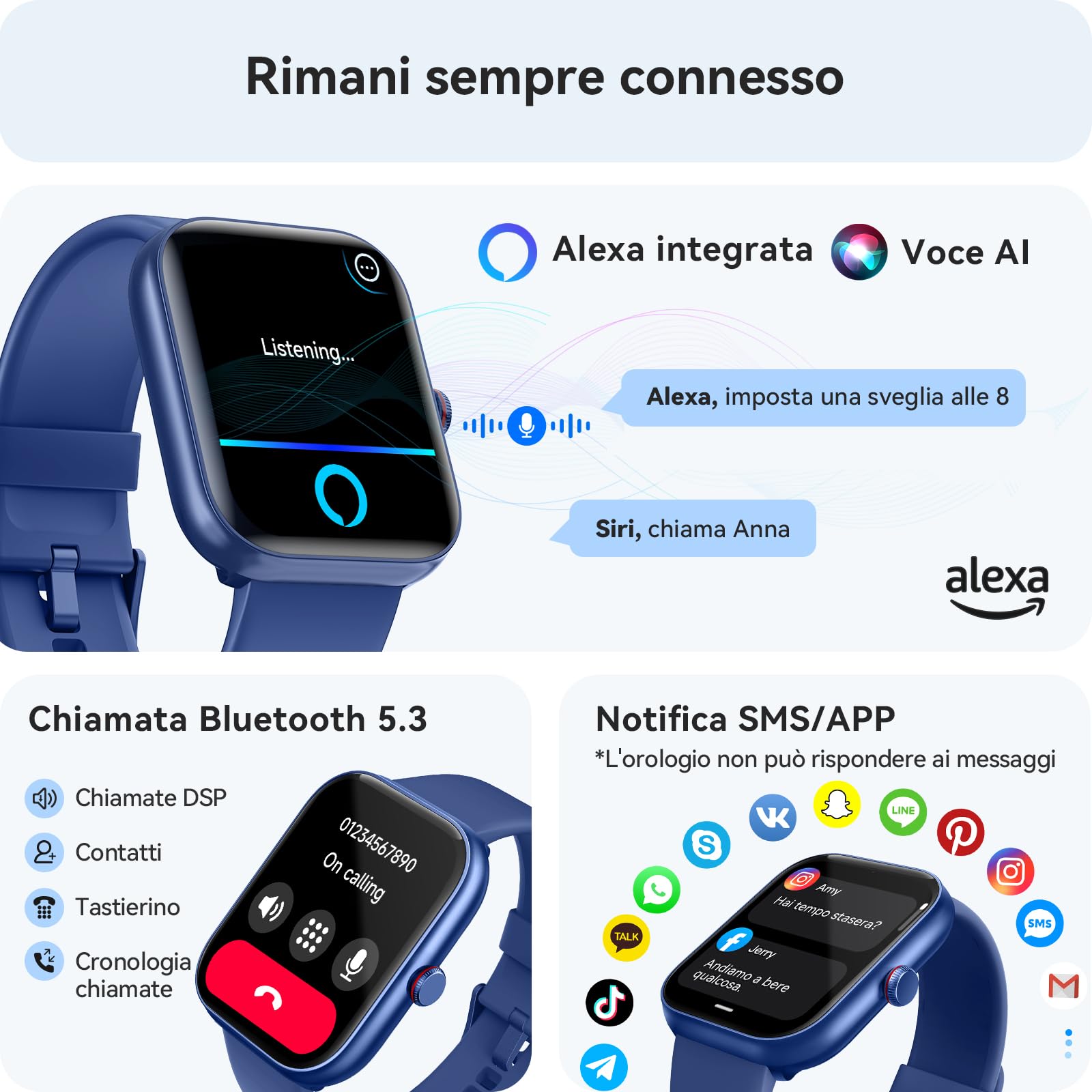 Smartwatch Uomo Donna, 1.91" Orologio Smartwatch con Chiamate Bluetooth e Alexa, Fitness Tracker con Contapassi, Cardiofrequenzimetro/Sonno/SpO2/110 Sportive, IP68 Smart Watch per Android iOS Blu