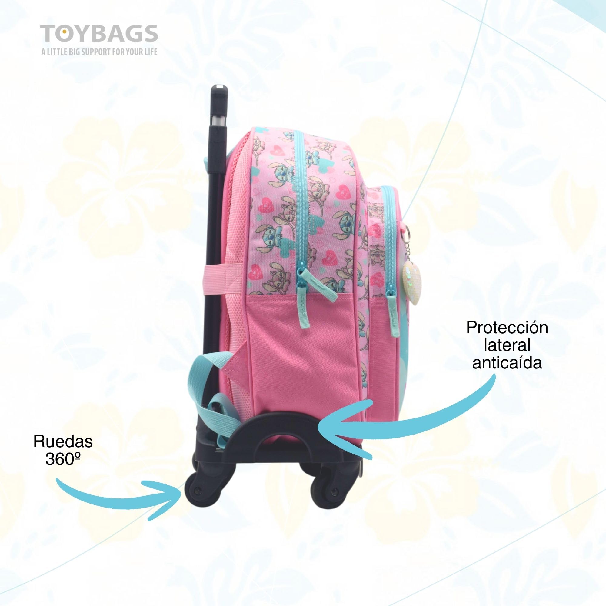 Mochila Escolar Angel & Stitch - Doble Compartimento - CON ACCESORIO CORAZON + CARRO NEGRO TOYBAGS CON PROTECCION LATERAL Y STOPER FRONTAL 4 ruedas giratorias - 44.5 X 32 X 21 CM