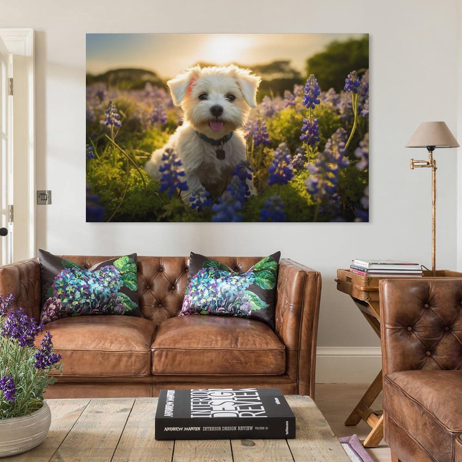 Wandbild 'Frau Liest Mit Hund Im Garten' – Gerahmte Leinwand, Vintage-Ölgemälde, 45,7x61 Cm
