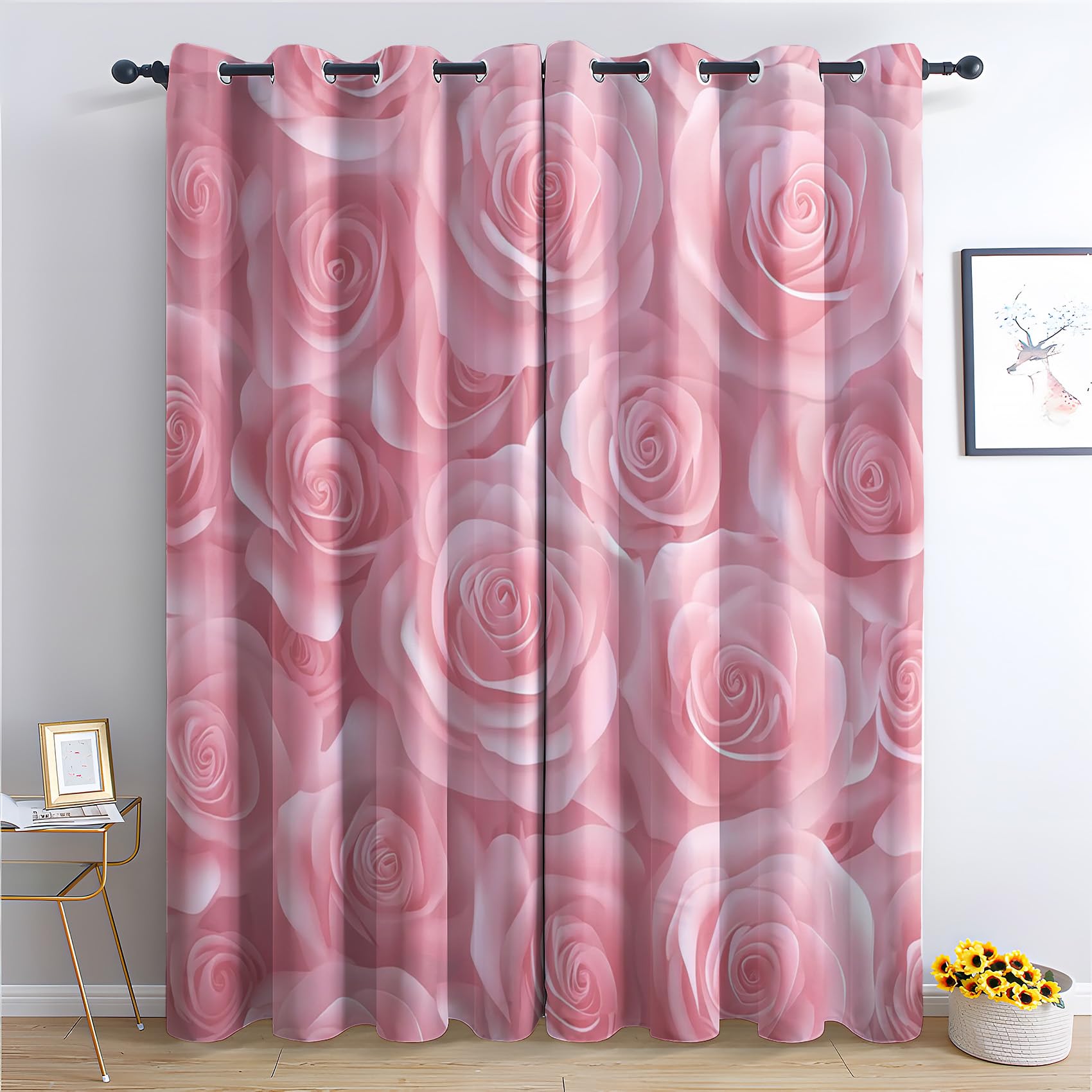 Luxfieo Pink Rose Blackout Curtains for Living Room Bedroom - 90 Inch Drop Curtains 46x90, Romantic Rose Floral Patterned Window Treatments, Thermal Eyelet Drapes 2 Panels