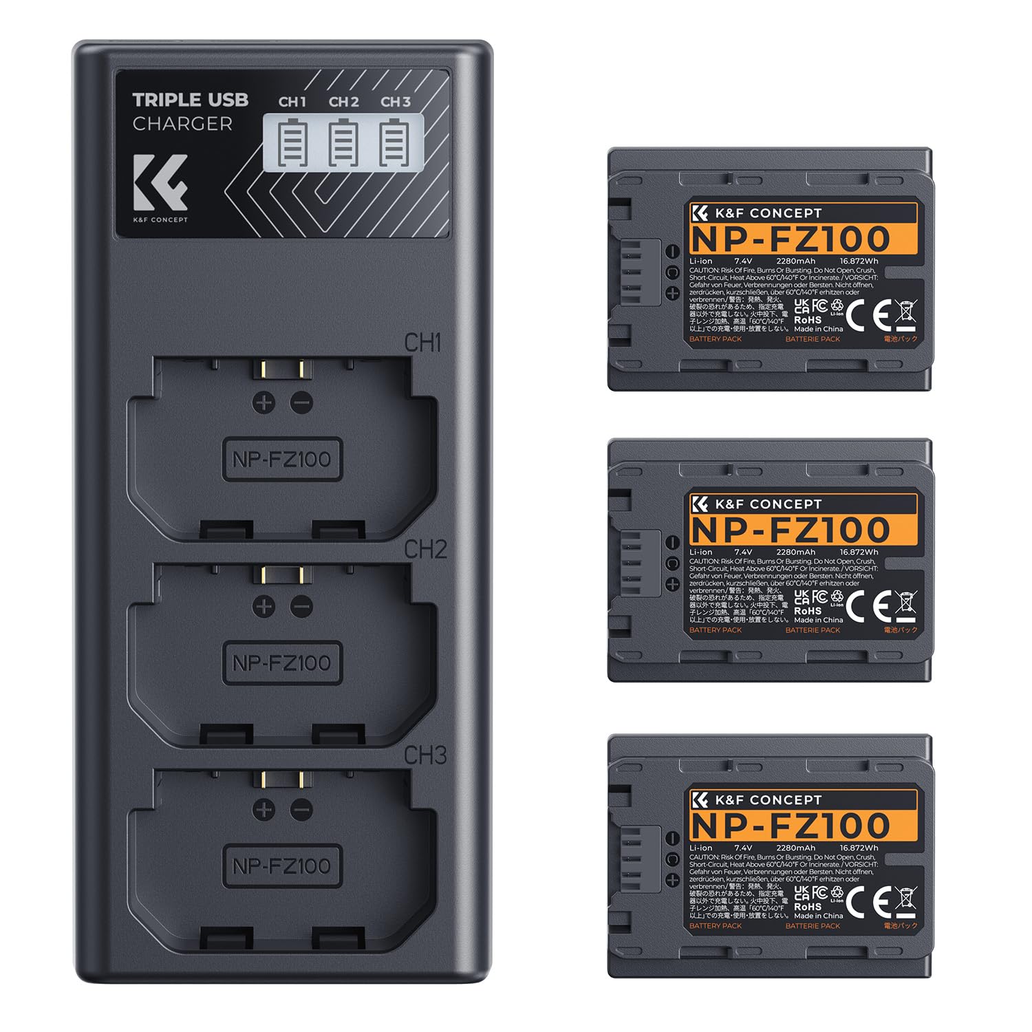 K&F CONCEPT 3-Pack NP-FZ100 Batería 2280mAh y Cargador LCD de 3 Ranuras Compatible con Sony A7iii, A7iv, fx3, fx30, A6700, A7R, A9, A6600, A7Riii, A7Riv, A7R3, A7C, ZV-E10ii, A7S3 y más