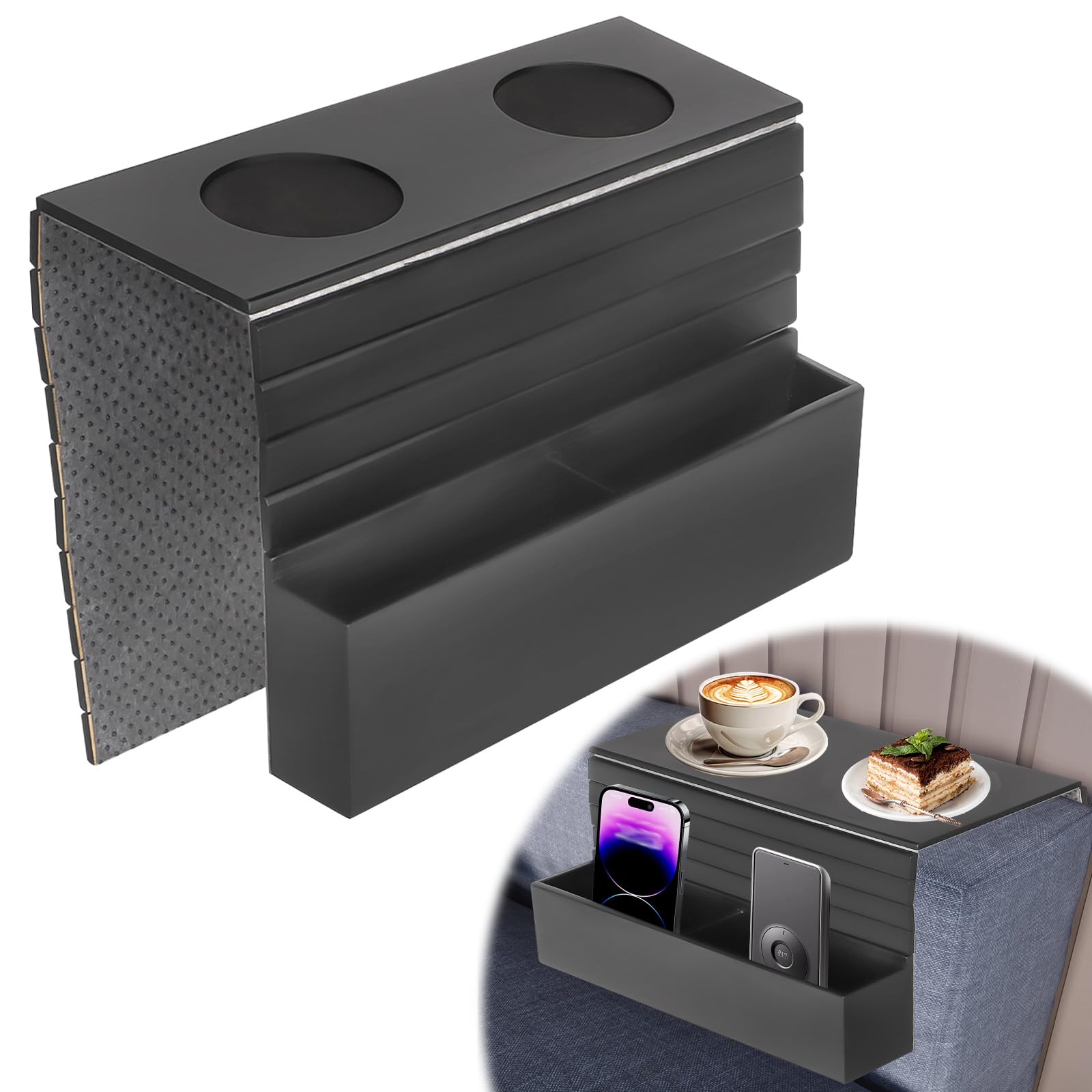 Couch Cup Holder Tray, Couch Tray Armrest with Side Storage Foldable Sofa Table Tray Non-Slip Sofa Armrest Tray Table for Drinks, Cellphone, Remote Control, Couch Arm Tray Organizer Caddy