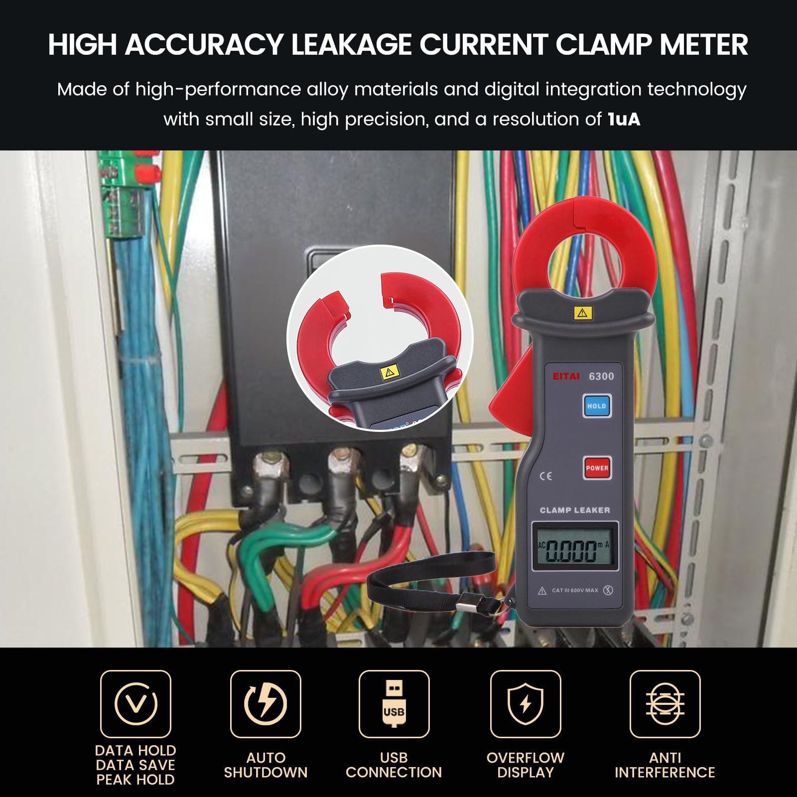 EITAI6300 Digital Leakage Low Current Clamp Meter, 1uA Resolution, 0.001mA-60A, 30mm x 25mm, Manufacturer Direct Sales - Image 3