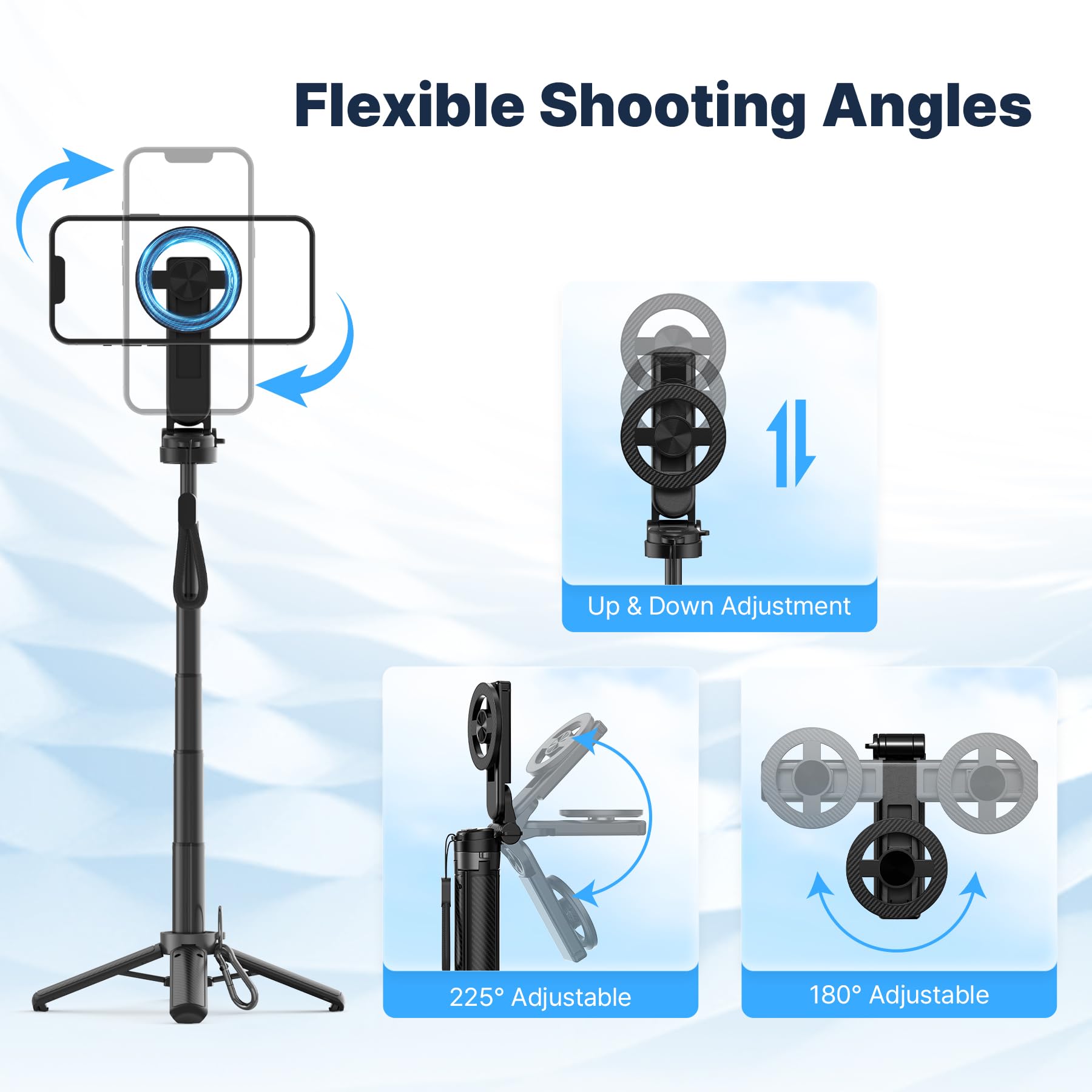 Bastone per selfie magnetico tascabile per iPhone, leggero mini selfie stick treppiede con telecomando staccabile, compatibile con MagSafe, supporto per telefono estensibile pieghevole per viaggi/vlog