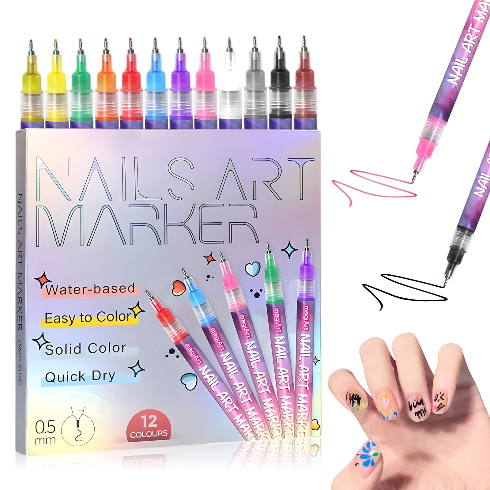 Set di 12 penne colorate per nail art, 3D ad asciugatura rapida, 0,5 mm, penne per smalto per unghie, 2025, per nail art, graffiti, nail art, design, manicure, decorazioni fai da te